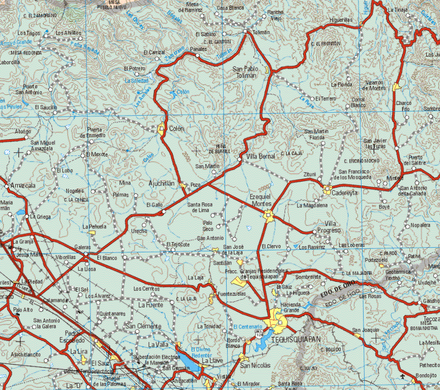 This map shows the major cities (ciudades) of Colon, Vizarron de Montes, Cadereyta, Ezequiel Montes, Tequisquiapan, Ajuchitlan, La Lira, San Nicolas, La Llave, La Peñuela, El Sauz, Pedro Escobedo.