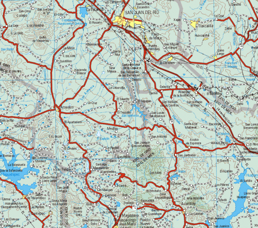 This map shows the major cities (ciudades) of San Juan del Rio, Paso de Mata, Puerta Palmillas, La Estancia, El Cazadero, Amealco.