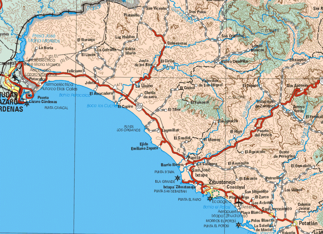This map shows the major cities (ciudades) of Zihuatanejo, Coacoyul, Playa Larga, San Jeronimito, Petatlan.The map also shows the towns (pueblos) of La Noria, El Naranjo, Platanillo, San Vicente, Tres Palos, Las Habitas, San Cristóbal, Colmeneros, La Cofradía, Santa Maria, Lomas Blancas, El Limón, Junta de los Ríos, El Cirian, Nueva Cuadrilla, Zihnaquio, Feliciano, La Unión, El Cobral, vallecillos de San Miguel, El Zapote, San Antonio, El Atracadero, Cluta de Nava, El Faisanal, El Capire, Vallecitos de Zaragoza, Arroyo Verde, El Tibor, Lagunillas, San Ignacio, El Higo, Puerto del Perico, El Sandial, El Mamey, Ejido Emiliano Zapata, El Aguacate, Ocote de Peregrino, Pantla, la Saldrera, El Arenosito, El Camalote, Barrio Nuevo, San José Ixtapa, El Encanto, Potrerillos, San Miguelito, Los Llanos, El Zarco, Los Achotes, Playa Blanca, Colonia Juárez.