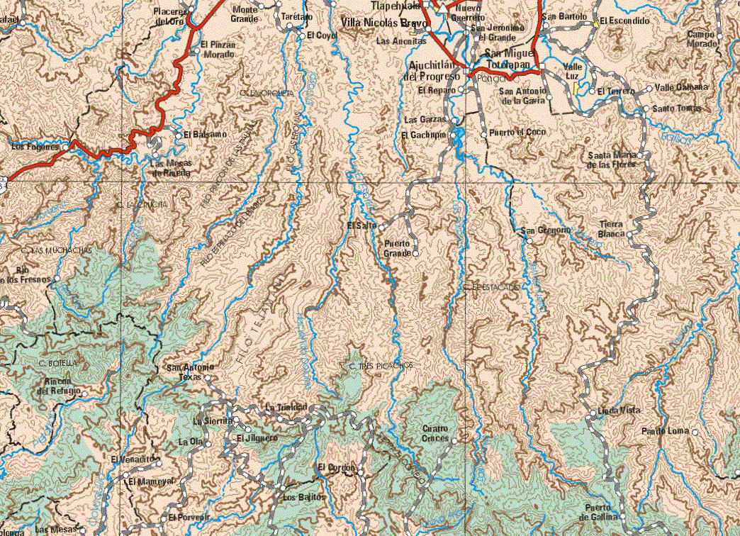 This map shows the major cities (ciudades) of Villa Nicolás Bravo, El Escondido, Valle Luz.The map also shows the towns (pueblos) of Placeres del Oro, Monte Grande, Taretato, El Pinzan Morado, El Coyol, Tlapehuale, Las Anonitas, Nuevo Guerrero, San Jerónimo el Grande, Ajuchitlan del Progreso, El Reparo, Las Garzas, San Miguel Totolapan, San Antonio de la Gavia, San Bartolo, El Terreo, Campo Morales, Santo Tomas, Las Garzas, El Bálsamo, El Gachupín, Puerto el Coco, Los fogones, Las Mesas de Piñuela, Santa Maria de las Flores, El Salto, Tierra Blanca, San Gregorio, Puerto Grande, Río de los fresnos, San Antonio Texas, Rincón del Refugio, La Trinidad, Linda Vista, La Sierrita, El Jilguero, Cuatro Cruces, Pan de Loma, La Ola, El Venadito, El Mameyal, El Porvenir, Los Bajitos, El Cordón, Puerto de Gallina.