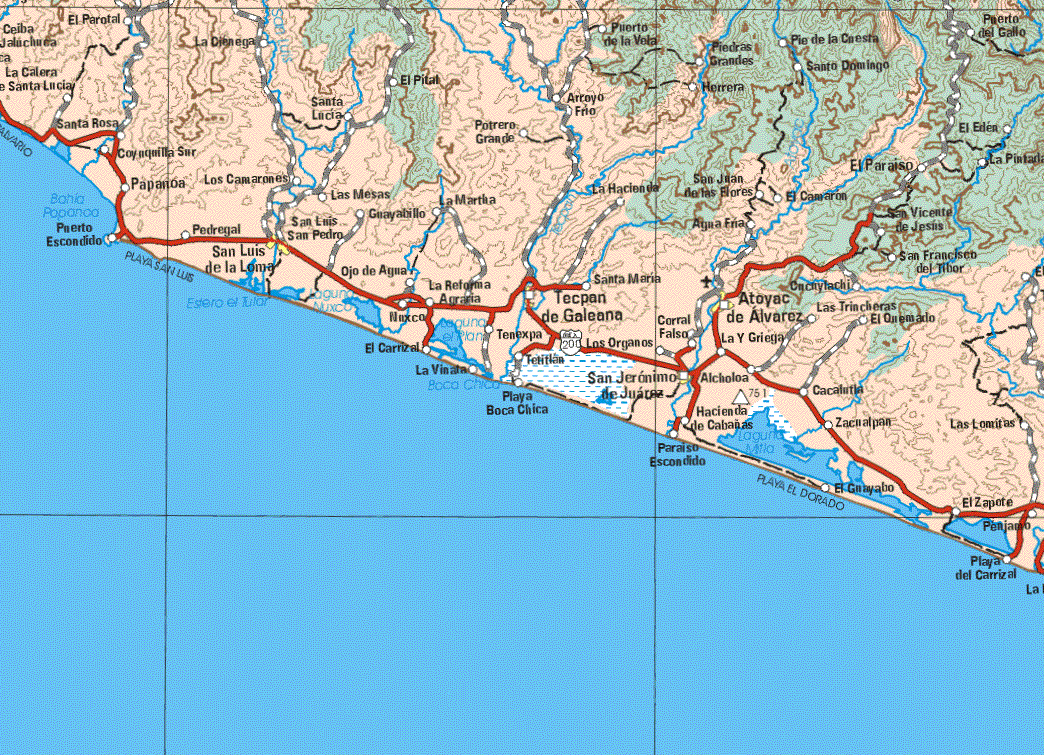 This map shows the major cities (ciudades) of San Luis de las Lomas, Tecpan de Galiana, San Jerónimo de Juárez.The map also shows the towns (pueblos) of El Parotal, La Calera de Santa Lucia, Santa Rosa, La Ciénega, Coyaquilla Sur, Paparioa, Puerto Escondido, Los Camarones, Pedregal, Santa Lucia, San Luis, San pedro, Las Mesas, Guayabillo, Ojo de Agua, Nuxco, El Pital, La Martha, La Reforma Agraria, Potrero Grande, Arroyo Frió, Puerto de la Vela, Piedras Grandes, Herrera, Pie de la Cuesta, Santo domingo, Puerto del Gallo, El Edén, El paraíso, La Reforma Agraria, Tenexpa, Playa Boca Chica, La Hacienda, Santa Maria, San Juan de las Flores, Agua Fría, Corral Falso, Los Órganos, El Paraíso, El Camarón, San Vicente de Jesús, San Francisco de la Flor, Las Trincheras, El Quemado, Cacalutla, Zacilatpan, Las Lomitas, El Guayabo, El Zapote, Paraíso Escondido, Penjamo, Playa del carrizal.