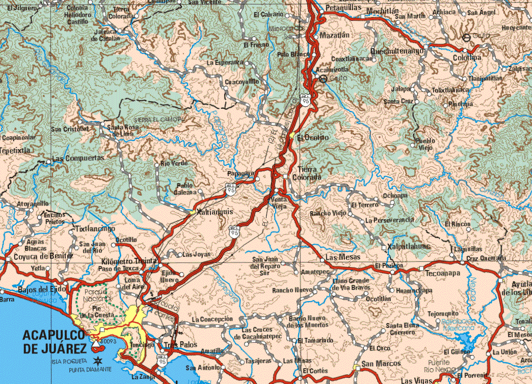 This map shows the major cities (ciudades) of El Ocotito, Tierra Colorada, Acapulco de Juárez, San Marcos, Las Vinas, Tecoanapa.The map also shows the towns (pueblos) of El Jilguero, Colonia Heliodoro Castillo, Tierra Colorada, El Calvario, Petaquillas, Mochitlan, San Martín, Achiaca, San Angel, Jaleca de Catalán, El Fresno, Mazatlán, Palo Blanco, Coaxtlalucan, Quechultenango, Colotlipa, La Esperanza, Acalurizotla, Tlanipatitlan, Cuacoyilito, Jalapa, Tolixtlahuaca, Santa Cruz, Rinolapa, San Cristóbal, Santa Rosa de Lima, Pueblo Viejo, Las Compuertas, Río Verde, Papagaya, Pablo Galeana, Venta Vieja, Rancho Viejo, El Terrero, Ochoapa, Atoyaquillo, Encillos Prietos, Aguas Blancas, Cocuya de Benitez, Yetla, Bajos del Ejido, San Juan del Río, Ocotitla, Kilómetro Treinta, Paso de Texca, Loma del Aire, Ejido Nuevo, La Concepción, Tres Palos, Amatillo, San Antonio, San Juan del Reparo Sur, Rancho Nuevo, Las Cruces de Cacahuatepec, El Tamarindo, Tasajeras, Las Minas, El Cortés, El Tamarindo, Barrio Nuevo de los Mineros, Amatepec, Rancho Viejo, El Terrero, Las Mesas, llano Grande de Vía Bravo, Ocotitlan, Santa Elena de Guerrero, El Circo, El Rincón, lagunillas, Cruz Quematla, Xalplatahuas, El Pericón, Tejonquito, Santa Elena Guerrero, El Guineo, El Porvenir, La Unión.