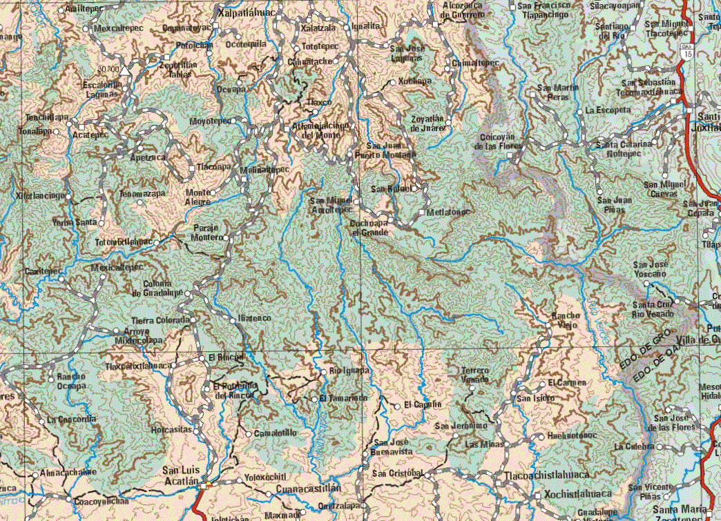 This map shows the major cities (ciudades) of San Luis Ocatlan.The map also shows the towns (pueblos) of Amiltepec, Mexcaltepec, Xalplatahuac, Xalatzala, Ignatita, Alcozarco de Guerrero, Ignatita, Protolchan , Ocotequila, Totoltepec, San José Lagunitas, Zopotitlan Tablas, Chimaltepec, Escalerilla Lagunas, Ocirapa, Xochapa, Tlaxco, Tenchitlapa, Tonalapa, Acatepec, Moyotepec, Atemalcingo del Monte, Zoyotlan de Juárez, Yonalapa, Acatepec, San Juan Puerto Montaga, Apetzuca, Tlacoapa, Malinaltepec, Xifolancingo, Tenamazapa, Monte Alegre, San Rafael, San Miguel Acoltepec, Metlatonoc, Xiforlancingo, Yerba Santa, Paraje Montero, Cochoapa el Grande, Caritepec, Mexicaltepec, Colonia de Guadalupe, Tierra Colorada, Rancho Viejo, Arroyo Mixtecolapa, Rancho Ocoapa, Tlaxcelixtlahuaca, El Rincón, El Potrermo del Rincón, El Tamarindo, El carmen, San isidro, El Capulin, La Concordia, Holcasitas, Almacachahire, Coacoyulichan, Horcasitas, San Jerónimo, Las Minas, Huehuetonoc, Tlacoachistlahuaca, Xochistlahuaca, San José Buenavista, San Cristóbal, Yoloxochitl, Cuanacastillan, Orelzalapa.