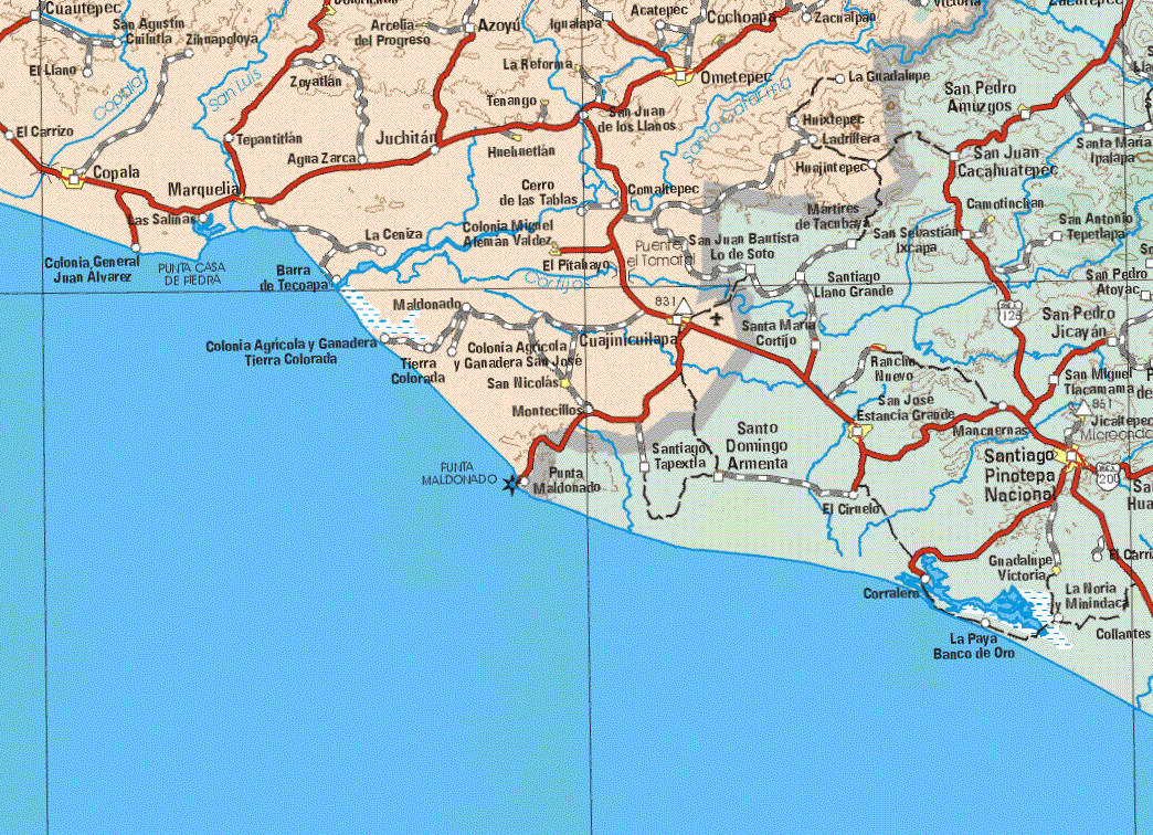 This map shows the major cities (ciudades) of Arcelia del progreso, Chochoapa, Ometepec, La Reforma, Arcelia del Progreso, Cópala, Marquelia, Huehuetlan, Colonia Miguel Alemán Valdez, Cuajinilapa, San Nicolás.The map also shows the towns (pueblos) of Cuautepec, San Agustín Cuilutla, Zihuapoloya, Azoyu, Igualapa, Acatepec, Zaciralpa, La Guadalupe, Zoyatlan, El Llano, El Carrizo, Tepantitlan, Las Salinas, Colonia General Juan Alvarez, Juchitan, Agua Zarca, Las Salinas, Hinixtepec, Ladrillera, Cerro de las Tablas, La Ceniza, Barra de Tecoapa, Colonia Agrícola y Ganadera Tierra Colorada, Comaltepec, Barra de Tecoapa, Maldonado, Cuajinilapa, Tierra Colorada, Colonia Agrícola y Ganadera San José Montecillos.