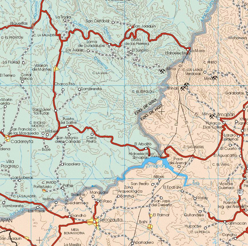 This map shows the major cities (ciudades) of San Joaquín, Tecozautla, Bajhi, El Palmar.The map also shows the towns (pueblos) of Los Larios Verdosas, Garabato, Zimapan, Plutarco Elías Calles, Lázaro Cárdenas, El Cuarto, El Aguacatito, Paso del Arenal, Vicente Guerrero, San pedro, El Epazote, Noxtey, Manguani, Banzha, Uxdejhe, Yexho, Geotérmica, El paso, San José del Desierto, Las Rosas, Gancho, Quitandeje, Huisache, Catimacam, Danghu.