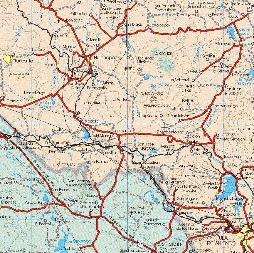 This map shows the major cities (ciudades) of Bondajito, Tlaxcalitla, Huichapan, Zathe, Llano Largo, Chapantango, Tula Allende.The map also shows the towns (pueblos) of El Tendido, Pathecito, San Miguel Catepantla, San Antonio Tezoquipan, San Francisco Sacachichilco, Yonthe Grande, Pathecito, Maxtha, San Lucas, Deca, Xigui, Dothi, Dontzibojay, Janacapa, Dancho, Mamilthi, Alfajayucan, La cruz, Maney, Boye, ex Hacienda Mintho, Baxthe, Mintho, Xathe, Santa Maria la Palma, La Piedad, San José Atlan, Viteje, La Salitrera, San José Atlan, Pedregoso, San pedro la Paz, San Juan el Sabino, Los Amoles, El Carmen, Toxthe, Batí, Chapulaco, Tlaunitolpan, Nopala, La Fuente, Batha, El Borboltón, Donu, Taxteje, Maravillas, San José el Marqués, Rancho Viejo, San Sebastián de Juárez, Zimapantongo, Xithi Primera Sección, Estacion Sayula, Tepetitlan, Palo Alto, La Joya, Reforma, Santa Mana Mocua, San Miguel de las Piedras, Xochitlan de las Flores, Michimaltongo, San Andrés.