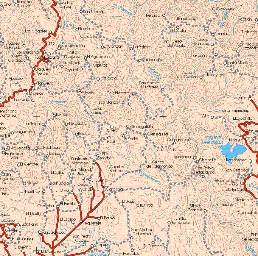 The map also shows the towns (pueblos) of Rancho Nuevo, San Nicolás, Agua Fría Chica, Palo Perdido, Coyocala, Los Nogales, Plamosos, Octupilla, Tlahuitepa, El Ocotal, Acapa, Coyocala, Ixcatlan, Tlaxintla, Jaguey Colorado, la Encarnación, El Carrizal, La Palma, Cerro del Aguila, Nuevo Morelos, San Nicolás Coatzontla, Los Duraznos, Cerro Colorado, la Manzana, El Aguacate, Tlaxcantitla, Las Milpas, Quetzalapa, Santa Maria, Maguey Verde, Zoyatal, Agua del Cuervo, Tepeyica, Apesco, Villanueva, San Andrés Miraflores, Morelos, Pajiadhi, Chichicaxtla, La Ruda, Las Manzanas, Nicolás Flores, Toxhay, Gild, La Unión, Texcadho, Potrero, Cieneguilla, Eloxitlan, Tenguecho, Bocua, El Tedra, Tixqui, Camarones, Huatula, El Aguacatal, La Pechuga, Banxu, Francisco Villa, Santuario Monpethe, Chalmita, Tlacotepec, San Cristóbal, Ixtacapa, El Cerrote, El Defay, San Pablo Tetlapayac, Melzontla, Pie de la Cuesta, Atzalzintla, Milpa Grande, Emilio Hernández, El Sauz, San Andrés Deboxha, San Miguel Jigui, El Bueno, Calmita, Cardonal, El Batho, Nequeteje, San Pedro Capula, Boxhuada, El Olivo, El Espiritu, San Juanico, Megui, Noxthey, Orizabita, El Dexthi, Juchitlan, Rinconada.