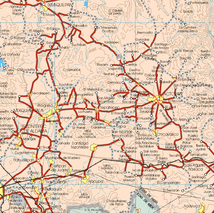 This map shows the major cities (ciudades) of Ixmiquilpan, Yolotepec, Santiago de Anaya, La Estancia, Caxuxi, Xochitlan, Texcatepec , Maguey Blanco, Denganthza, Tepatepec, Progreso, Actopan, Mixquiahuala, San Antonio Zaragoza, Morelos, San Juan Tepa, Chicavasco, Tezontepec de Aldama, Tenhe, Santiago Tezontlale, Huitel, Cuauhtemoc, Tlahuelilpan, Munitepec de Madero, Teltipan de Juárez, Tetepengo, Ignacio Zaragoza, Ajacuba, Tlaxcoapan, Doxey, El Llano, El llano 2ª Sección, El Tablón, Tezoquipa, Acayuca.The map also shows the towns (pueblos) of Ignacio López Rayón, El Maye, Pueblo Nuevo, Fortezuelas, El Alberto, El Tablón, Taxzacho, Ex Hacienda Ocotza, Hermosillo, La Cumbre Jaguey Seco, El Boxoxni, Bethi, Estancia, Mejay, Xuchitlan, González, Cebolletas, La Cañada, Guerrero, Xitzo, Las Mecas, Benito Juárez, González Ortega, Saucillo, Boxaxni, Cerritos, Boxasni, Santa Mónica, Cerro Azul, Chilcuautla, Lagunilla, Dexho de Victoria, Teofani, Cañada Chica, Dajiedhi, Bompiza, Demacu, San Diego Conguinindo, El Mendoza, San Salvador, Poxindejo de Morelos, Olvera, Bocaja, San Miguel Acambay, Fray Francisco, El Rincón, El Jlaci, La puerta, el Rosario, El Huaxtho, El Arenal, Cuauhtemoc, El Tablón, San José Tepenene, Dr. José Parres, Lázaro Cárdenas, Mangas, San Nicolás, Tecomatlan, El Rincón, Santa Maria, Puerto palma, El Tinoco, Cañada, Emiliano Zapata, San Francisco Tecajique, Santa Maria, Palas Blancas, Benito Juárez, San Isidro Llano Largo, El Barrio Dalie, Tecamatl, Tornacuxtla, El Barrio Datie, San Agustín Tlaxiaca, Ixcainquitlapilco, Tulancalco, Puerto México, Guadalupe Victoria, El Campanario, Santiago Tlapacoya, El Tepazan, Huixmi, Chapultepec de Pozas, Tlamoco, Texas, Progreso.