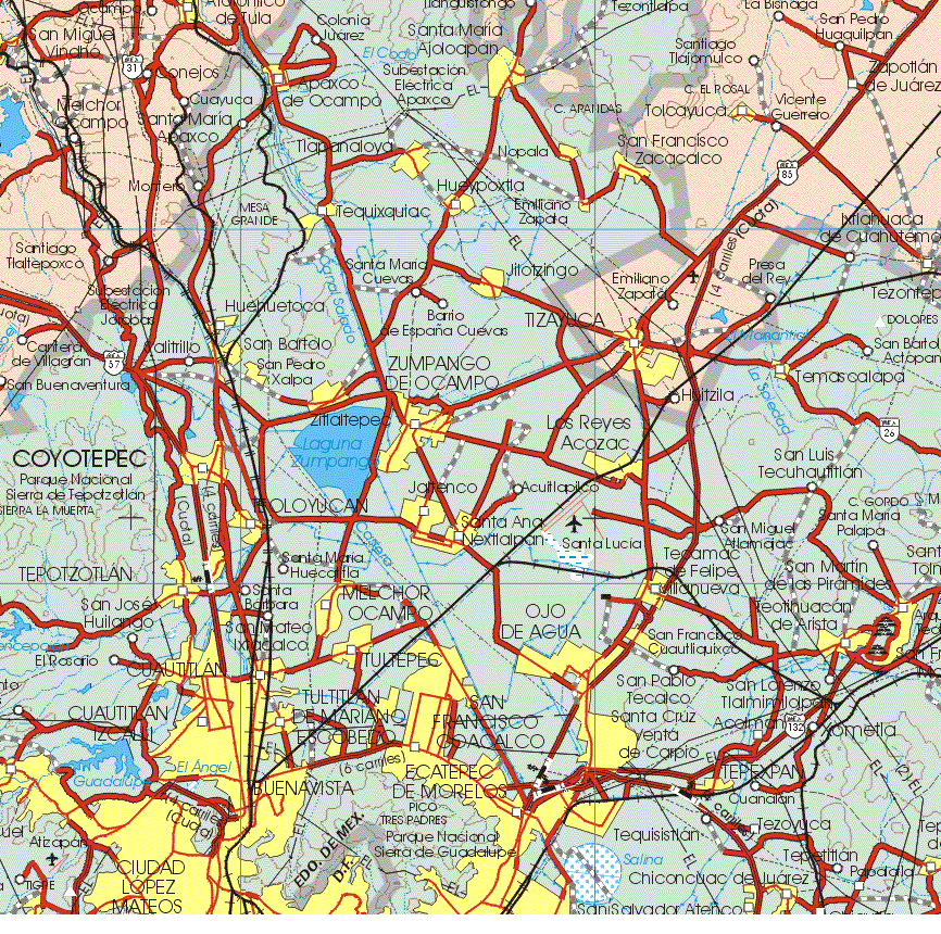 This map shows the major cities (ciudades) of San Miguel Vinalho, Tolcayuca, Presa del Rey, Tizayuca.The map also shows the towns (pueblos) of Conejos, Melchor Ocampo, Cuayuca, Santiago Tlatelpoxco, Cantera de Villagran, San Buenaventura, La Bisnaga, San Pedro Huaquilpan, Zapotlan de Juárez, Vicente Guerrero, Emiliano Zapata, Huitzila.