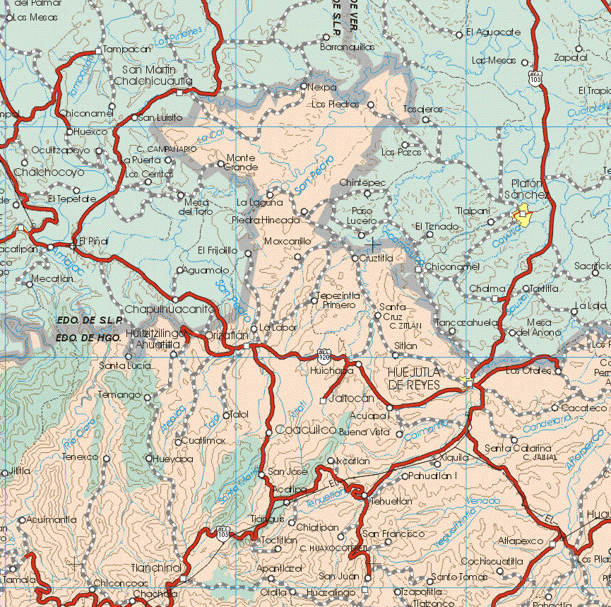 This map shows the major cities (ciudades) of Huejutla de Reyes.The map also shows the towns (pueblos) of Nexpa, Las Piedras, Monte Grande, La Laguna, Piedra Hincada, Moxcarrillo, Cruztitla, Tepezintla primero, Santa Cruz, La Labor, Orizatlan, Sitlan, Huitlzilingo Ahuatitla, Sitlan, Santa Lucia, Huichaba, Los Otetes, Temango, Jaltocan, Cacateco, Lalol, Acuapal, Coacuilco, Buenavista, Santa Catalina, Tenexco, Acuimantla, Tlanchinol, Chiconcoas, San José, Tianguis, Toctitlan, Apantazlon, Olotla, Chaitipan, San Juan, Huaxalingo, Xiquila, San Francisco, Santo Tomas, Izapolitla, Coahicouatitla, Pachuatlan.