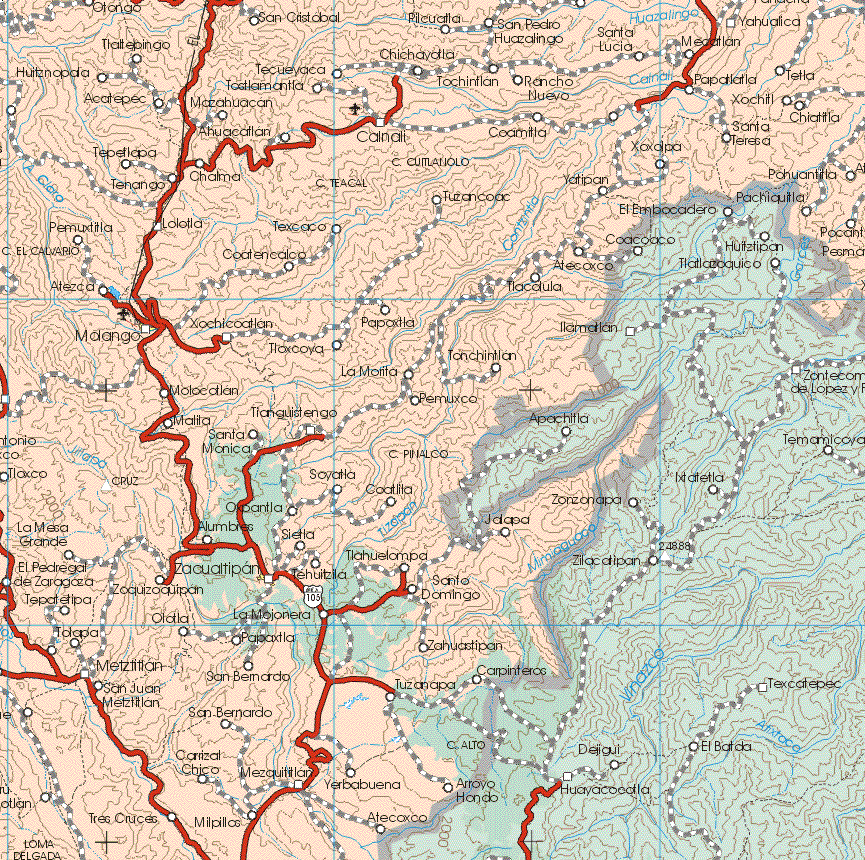 The map also shows the towns (pueblos) of Otongo, San Cristóbal, Pilcuatla, San Pedro Huazalingo, Santa Lucia, Mecatlan, Yahualica, Tlateoingo, Tecueyaca, Chichayotla, Tochintlan, Papatlatla, Tetla, Acatepec, Tochinflan, Rancho Nuevo, Xochil, Toxtlamantla, Mazahuacan, Chiachitla, Ahuacatlan, Calnali, Coamitla, Santa Teresa, Xoxolpa, Chalma, Pahuantita, Tenango, Tenango, Yatipan, Tuzancoac, Permutilla, Lolotla, Texcaco, El Calvario, Coatencalco, Atecoxco, Tlacolula, Atezca, Molango, Xochicoatlan, Papoxtla, Tlaxcoya, Tonchitlan, La Morilla, Moloetlan, Pemuxco, Malita, Tlanguistengo, Santa Mónica, Tlaxco, Soyotla, Coatitla, Jalapa, La Mesa Grande, Sietla, Tlahuelompa, santo Domingo, Zahuastipan, Carpinteros, Tuzanapa, El Pedregal de Zaragoza, Tepatetipa, Tolapa, Metzititlan, Tehuitzila, Zoquizoquipan, Ototla, La Mojonera, Papaxtla, Mextitlan, San bernardo, San Juan Metzitlan, San Bernardo, Carrizal Chico, Yerbabuena, Atecoxco, Milpillas, Tres Cruces.