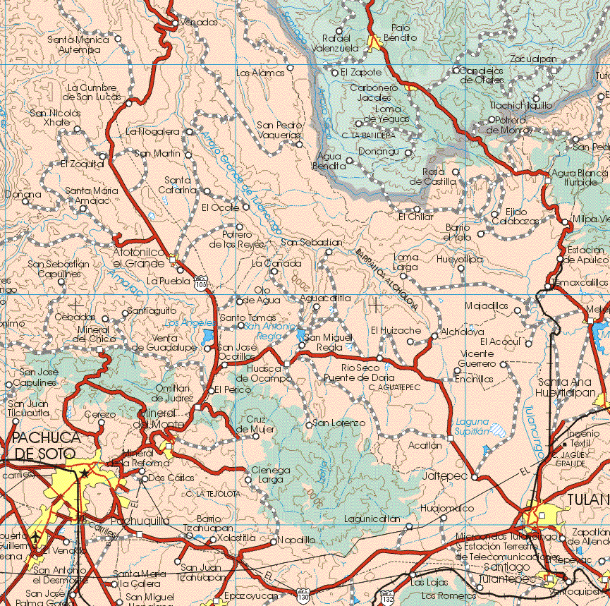 This map shows the major cities (ciudades) of Atotonilco el Grande, Santa Ana Hueytlalpan, Mineral del Monte, Pachuca de Soto, Epazoyucan, Santiago Tatuntepec, Tulancingo.The map also shows the towns (pueblos) of Santa Mónica Autempa, Venados, Los Alamos, La cumbre de San Lucas, San Nicolás Xhate, La Nogalera, San Pedro Vaquerías, El Zoquital, San Martín, Rosa de Castilla, Doñada, Santa Mónica Amajac, Santa Catarina, El Ocote, El Chilar, Ejido Calabazas, Potrero de los Reyes, San Sebastián, Barrio el Yolo, San Sebastián Capulines, La Canada, Loma Larga Hueyoyipa, Estación de Acapulco, Capulines, La Puebla, Ojo de Agua, Aguacatitla, Mojadillas, Temascalitos, Cebadas, Santiaguito, Santo Tomas, Mineral del Chico, Venta de Guadalupe, San José Ocotillas, San Miguel regla, El Huizache, Alcholoya, El Acocul, Vicente Guerrero, Huasca de Ocampo, San José Capulines, San Juan Ticuautla, Cerezo, Omitlan de Juárez, El Perico, Río Seco, Cruz de Mujer, San Lorenzo, Encinillas, Acatlan, Jaltepec, Ciénega Larga, Pachiquilla, Barrio Techuapan, Xoloxtitla, Lagunicatlan, Huajomulco, Xolastitla, Nopalillo, Los Romeros, Las Lajas, Huajomulco, Santa Maria la Calera, San Juan Techuapan.