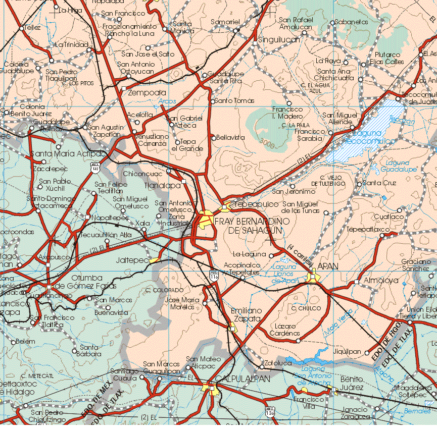 This map shows the major cities (ciudades) of Tepeapulpo, Fray Bernardino de Sahagun, Aran, Emiliano Zapata.The map also shows the towns (pueblos) of La Higa, Téllez, San Francisco, Fraccionamiento Rancho la Luna, Santa Mónica, Samarriel, San Rafael Amolucan, Sabanetas, La trinidad, San José el Salto, Singuilucan, Plutarco Elías calles, La Raya, colonia Guadalupe, San Pedro Tlaquilpan, San Antonio Ostoyucan, Guadalupe Santa Rita, Santa Ana Chichicuatla, Zempoala, Colonia Benito Juárez, San Agustín Zapotlan, Acelotla, San Gabriel Azteca, Santo Tomas, Francisco I. Madero, San Miguel Allende, Tecomulco de Juárez, Venustiano Carranza, Tepa el Grande, Bellavista, Chiconcuac, Tlanalapa, San Jerónimo, Santa Cruz, San Miguel de las Tunas, Cuatlaco, Tepepatlaxco, La Laguna, Almoloya, José Maria Morelos, Lázaro Cárdenas, Jiquilpan.