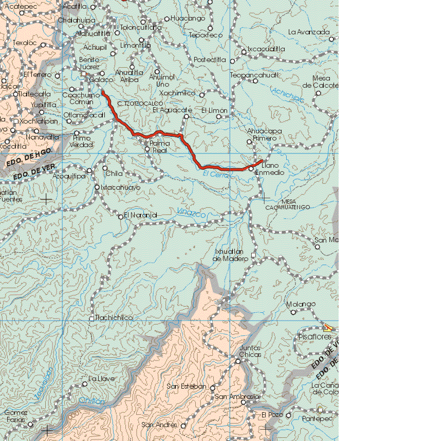 The map also shows the towns (pueblos) of Acatepec, Texoloc, Jaico, Tlatlecatla, Xochiatipan, Nanayatla, Cocotitla, Juntas Chicas, San Esteban, San Andrés, San Ambrasio.