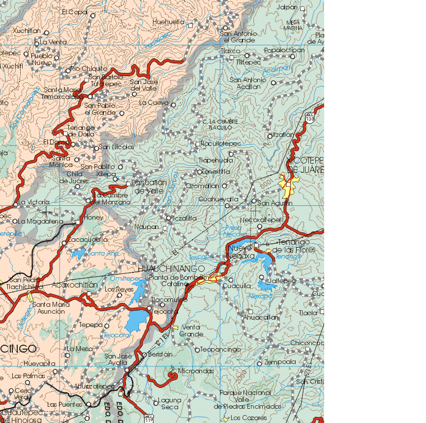 This map shows the major cities (ciudades) of San Pedro Tlachichilgo, Santa Maria Asunción.The map also shows the towns (pueblos) of El Copal, Huhueltla, Xuchitlan, La Venta, Pueblo Nuevo, Otepec, Río Chiquito, San Bartolo, San Jase del Valle, Santa Maria Temaxcalapa, San pablo el grande, Tenango de Doria, San Nicolás, Santa Mónica, La Victoria, la Magdalena, Zacacuautla, Acaxochitlan, Los Reyes, Tepepa, La Meca, Hueyapita, Las Palmas, Cerro Verde, las Puentes.