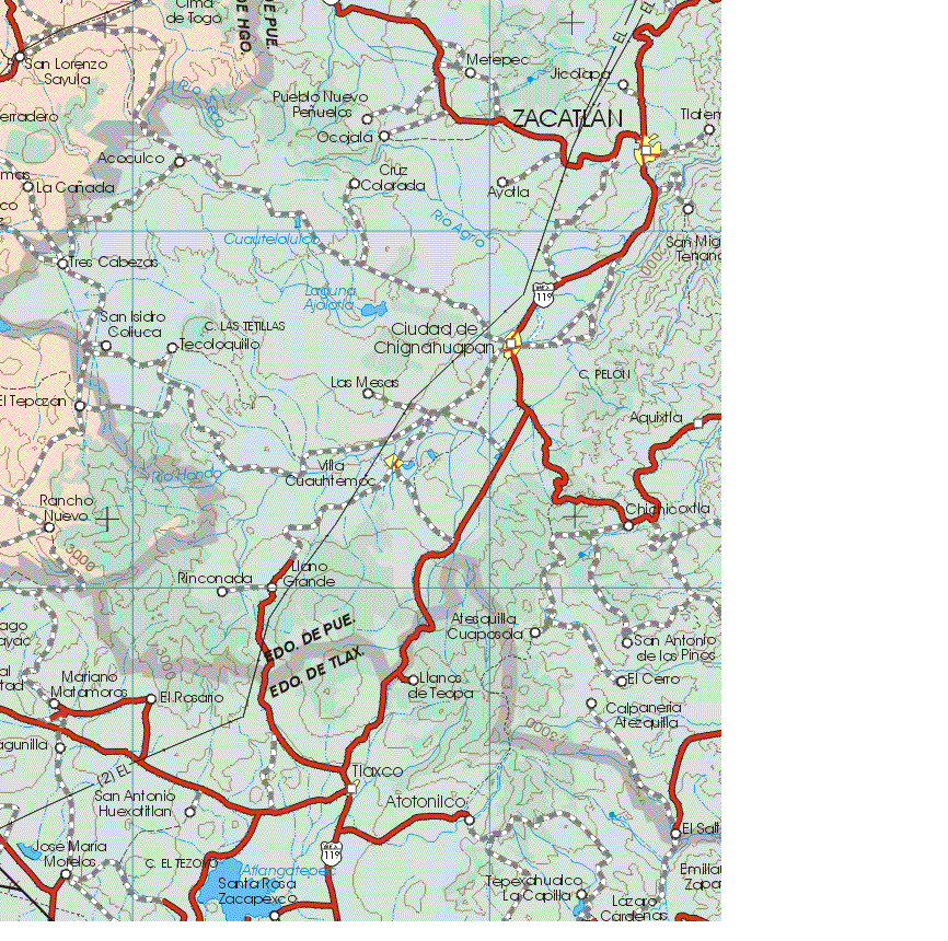 The map also shows the towns (pueblos) of San Lorenzo Sayula, La cañada, El Tepozan, Rancho Nuevo.