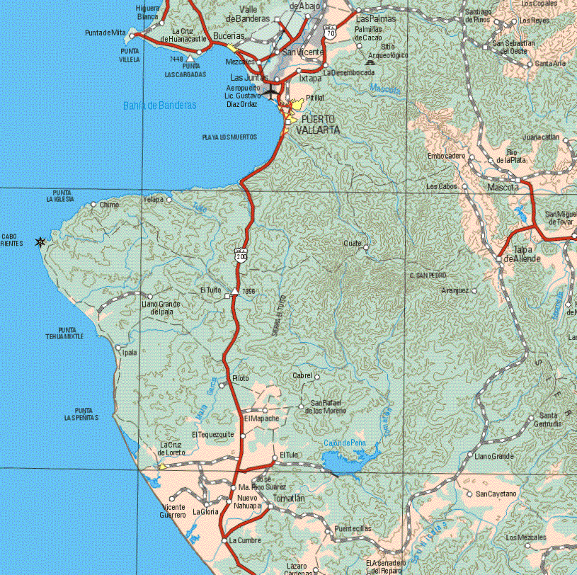 This map shows the major cities (ciudades) of Puerto Vallarta, La Cruz de Loreto.The map also shows the towns (pueblos) of Las Palmas, Palmillas de Cacao, Santiago de Pinos, Los Reyes, las Juntas, Las Desembocada, Ixtapa, Pitallal, San Sebastián del Oeste, San Ario, Juanacatlan, Río de la Plata, Embocadero, Los Cabos, Mascota, Yetapa, Chimo, Cuate, Talpa de Allende, Aranjuez, El Tuite, Llano grande de Pala, Ipala, Piloto, Cabrel, San Rafael de los Moreno, El Mapache, santa Gertrudis, El Mapache, El Tequezquite, Llano Grande, La Cruz de Loreto, El Tule, Ma. Pino Suárez., San Cayetano, Vicente Guerrero, La Gloria, Nuevo Nahuapa, La Cumbre, Los Mezcales, San Cayetano.