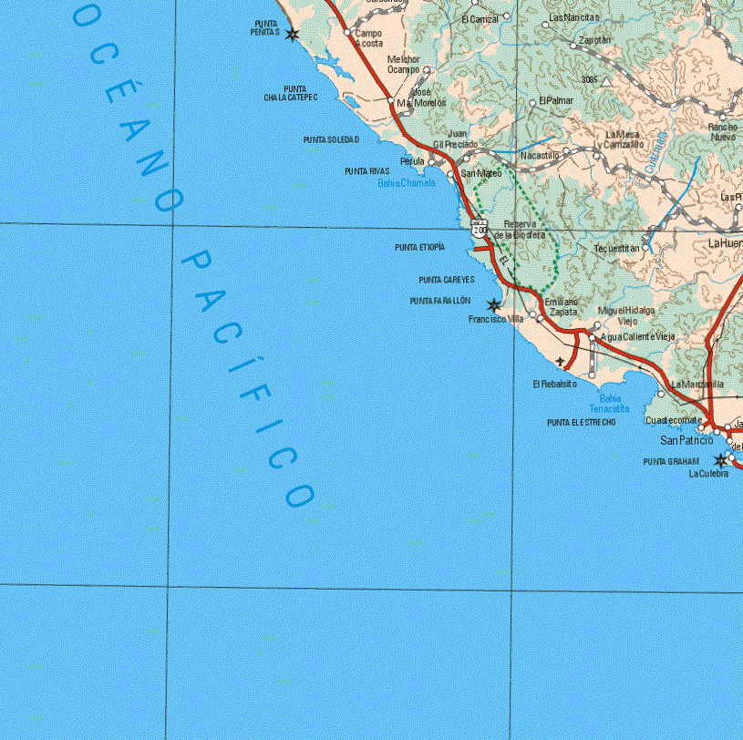 The map also shows the towns (pueblos) of Campo Acosta, El Carrizal, Las Nancitas, Zapotan, Melchor Ocampo, José Maria Morelos, El Palmar, Rancho Nuevo, Perula, San Mateo, Nacastillo, La Mesa Carrizo, Rancho Nuevo, Tecuestitan, Emiliano Zapata, Miguel Hidalgo Viejo, Aguacaliente Vieja, Francisco Villa, Emiliano Zapata, El Rebalsillo, La Manzanilla, San patricio.