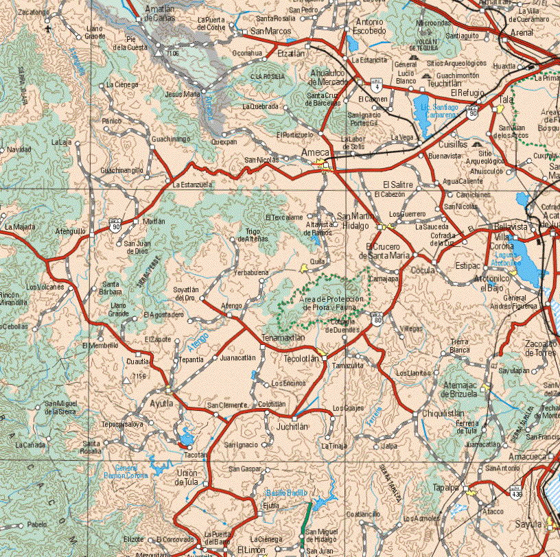 This map shows the major cities (ciudades) of Ahualulco de Mercado, Tala, Ameca, San Martín Hidalgo, Quita, Atotonilco el Bajo, Tecolotlan, Ayutla, Atemazac de Brizuela, El Limón, Tapalpa, Sayutla.The map also shows the towns (pueblos) of Zacalongo, Llano Grande, Amatlan de Cañas, La Puerta del Coche, Santa Rosalía, San Marcos, Antonio Escobedo, Santiaguito, Arenal, Pie de la Cuesta, Etzatlan, La Estancita, Huaxtla, La Ciénega, Jesús Maria, Lucio Blanco, Teuchitlan, El Refugio, La Quebrada, Santa Cruz de Barcenas, El Carmen, Panico, Guachinango, El Portezuelo, San Ignacio Portes Gil, La Labor de Solís, La Vega, Cuisillos, Santillán de los Arcos, Navidad, Guachinanguito, La Estanzuela, San Nicolás, Buenavista, Ahuisulco, Cuxpala, Ahuisculco, El Cabezón, El Salitre, Aguacaliente, Camichines, San Nicolás, Los Guerrero, La Majadra, Atenguillo, Mixtlan, Trigo de Alteñas, Altavista de Ramos, La Sauceda, Cofradía de la Luz, Bellavista, Villa Corona, San Juan de Dios, Crucero de Santa Maria, Cocula, Estipac, Camajapa, Yerbabuena, Los Volcanes, Santa Bárbara, Soyatlan del Oro, Atengo, Gral. Andrés Figueroa, Llano Grande, El Agostadero, El Membrillo, El Zapote, Tenamaxtlan, Villegas, Tierra Blanca, Zacoatzo de Torres, Cuautia, Tepantla, Juanacatlan, Tamzulita, zayutapan, Los encinos, San Miguel de la sierra, La Cañada, Pabelo, Santa Rosalía, Tepospisaloya, Tacotan, Unión de Tula, Etizote, El corcovado, San Clemente, san Ignacio, San Gaspar, Ejutla, La Ciénega, San Miguel de Hidalgo, La Tinaja, Los Guajes, Jalpa, Chiquilistlan, Ferreida de Tula, Juaracatlan, Amacueca, San Antonio, Ataco.