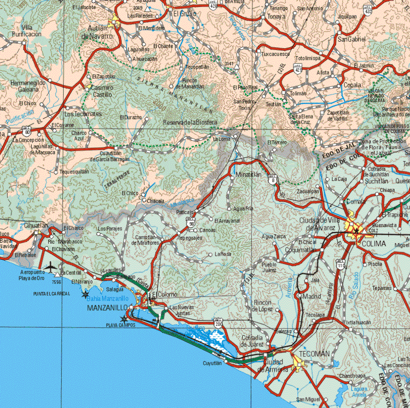 This map shows the major cities (ciudades) of Autlan de Navarro, Casimiro Castillo, Zihuatlan, Villa Purificación, El Grullo.The map also shows the towns (pueblos) of Jatocote, las Paredes, Tenango, Tonaya, San Antonio, Jiquilpan, San Gabriel, lagunillas, El Chante.Ahuacapan, Tecopatlan, Totolimispa, El Jazmín, Alista, Hermenegildo Galeana, El Zapotillo, Rincón de Manantial, El Paso Real, Coliman Copala, El Chico, Los Tecormates, El durazno, Santa Elena de la Cruz, Zapotitlan de Vadillo, El Corame, Charco azul, La Concepción, Lagunillas de Macuaca, Tequesquitlan, Cuamitlan de García Barragán, La Loma, Tequesquitan.