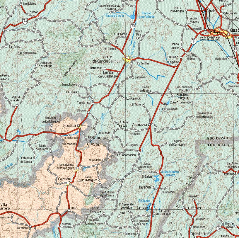 This map shows the major cities (ciudades) of Huejucar, San Maria de los Angeles, Colotlan.The map also shows the towns (pueblos) of San José de los Márquez, Las Bocas, Huacasco, Sauz de los Márquez, Totatiche.