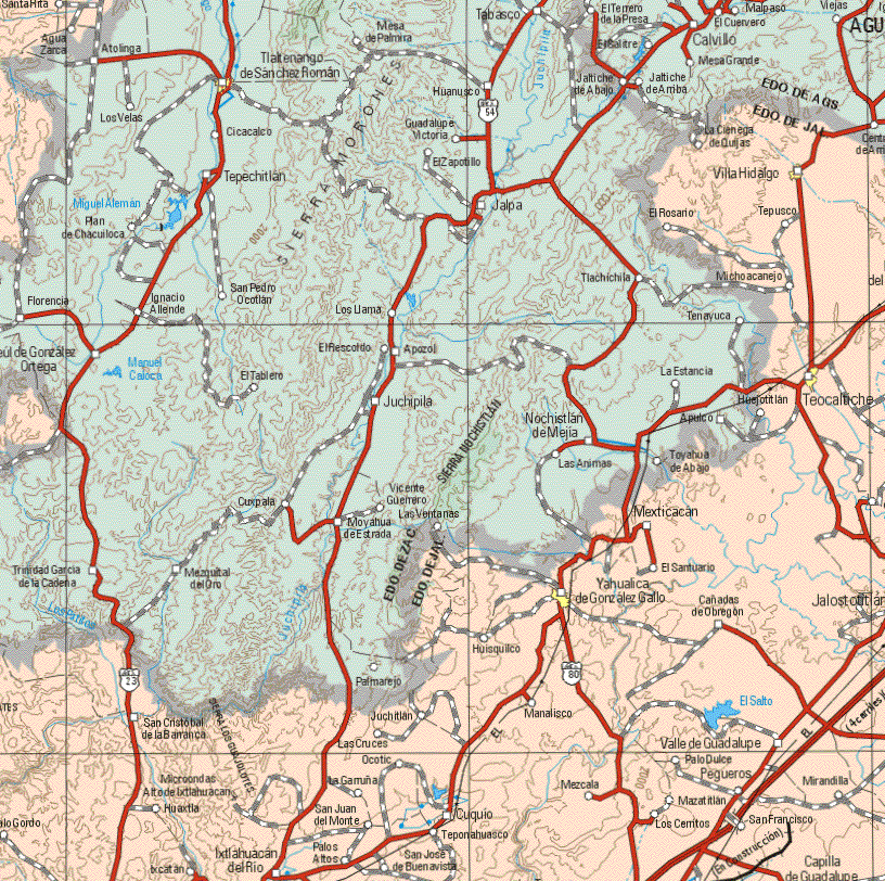 This map shows the major cities (ciudades) of Villa Hidalgo, Teocaltiche, Yahualica de Gonzáles Gallo.The map also shows the towns (pueblos) of Santa Rita, La Ciénega de Quijas, El Rosario, Tepusco, Michoacanejo, Mexticatan, El Santuario, Cañadas de Obregón, Jalostotitlan, Husquilco, Manalisco, San Cristóbal de las Barrancas, Huaxtla, Ixcatan ,Ixtlahuacan del Río, Palos altos, San Juan del Monte, La Garruña, Ocotic, Las Cruces, Jochitlan, Cuquio, Teponahuasco, San José de Buenavista, Mezcala, Valle de Guadalupe, Palo Dulce, Pegueros, Mazatitlan, Los Cerritos, San Francisco, Marandila.