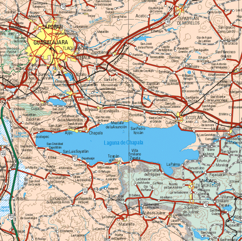 This map shows the major cities (ciudades) of Zapopan, Guadalajara, Tepatitlan de Morelos, Zapotlanejo, El Salto, Trejos, Juanacatlan, Nuevo México, San Miguel Cuyutla, Atequiza, Mezcala, Ocotlan, La Barca, Santa Cruz del Valle, Ajitic, Tizapan el Alto, Cuitzeo, Carrillo.The map also shows the towns (pueblos) of Tesistan, San Miguel Tatepozco, Tlacotlan, San Antonio de los Vázquez, Varas Dulces, Ojo de Agua de Colomo, Cerro Gordo, Nextipac, Corral Falso, Acatic, San Ignacio, La Estancia, Matatlan, El Refugio, San Juan de Ocotlan, San José de las Flores, Ojo de Agua de Latillas, San José de Gracia, Capilla de Milpillas, San Agustín, San Francisco de Asís, Ramblas Grandes, partidas, Tecomatlan, Ramblas Chico, El Agua de la Vaca, Puente Grande, Coyotea, San isidro, San Antonio de Fernández, Puente Grande, Tototlan, Nicolás R. Casillas, Santa Cruz de las Flores, Santa Anita, Santa Fe, Salto de Coyotes, Tototlan, El Nuevo Refugio, El Nacimiento, Tlajomulco de Zúñiga, Buenavista, Zapotlanejo, La Capilla, Cajitlan, San Juan Evangelista, El Xoconoxtle, Chila, Luis Sánchez Martínez, Ahuatlan, San Luis de Agua Caliente, San Martín de Zula, San Vicente de la Labor Vieja, Cajititlan, San Jacinto, San Miguel Zapotlanejo, El Molino, San Juan Evangelico, Huejextlan, Zapotitan de Hidalgo, El Chante, San Juan Cósala, Ixtlahuacan de los Membrillos, San Nicolás de Ibarra, San Miguel de Zapotitlan, Poncitlan, Santa Cruz el Grande, San Luis de Agua Caliente, San Miguel de la Paz, El Mirto, San José de la Mora, Las Gaviotas, Cumuato, San pedro Tasistan, Cacaluta, El Sauz, San Cristóbal de Zapotitlan, San Luis Soyotlan, La Milpilla, El Sauz, Tepehuaje, Atotonilco, Mismaloya, El Refugio, La Rosa Amarilla, San José de Gracia, Teocuitlan de Corona, las Cebollas, San José de Gracia, Atoyac, Concepción de Buenos Aires, La Manzanilla de la Paz, Volantin, San José de Gracia, Ojo del Picacho, Unión de Guadalupe, El Rodeo, la Central, El Durazno, La Cofradía, Puerta del Zapatero, Calle de Juárez, Lázaro Cárdenas.