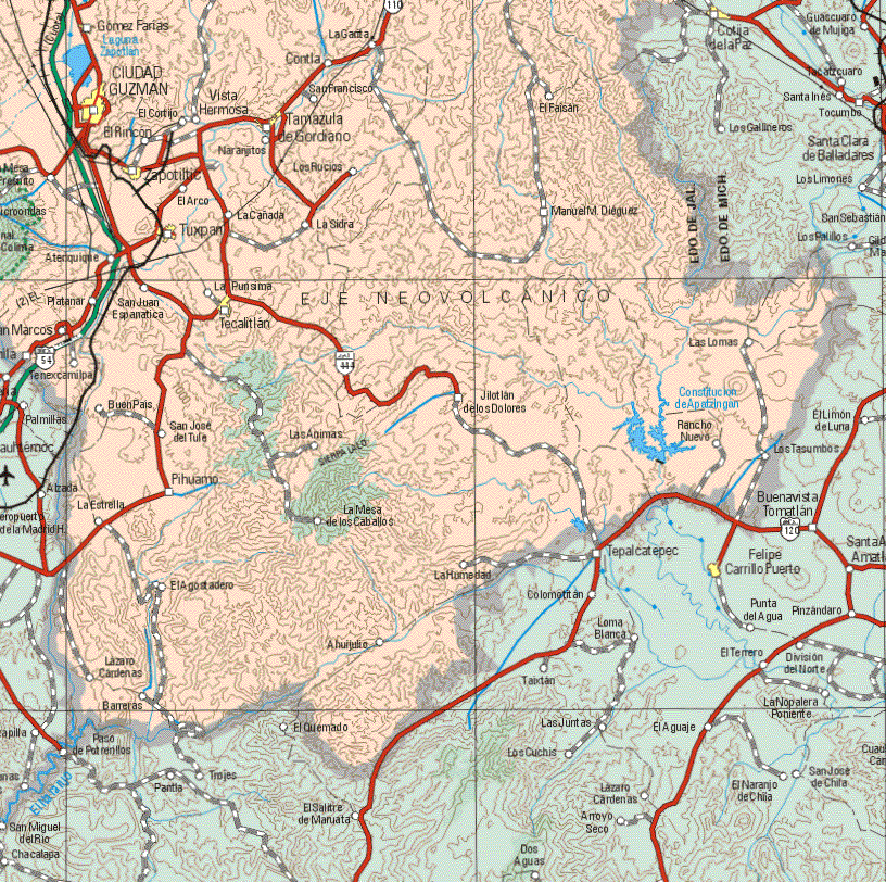 This map shows the major cities (ciudades) of Ciudad Guzmán, Zapoltitic, Tamazula, Tuxpan, Tecalitlan, Tamazula de Gordiado.The map also shows the towns (pueblos) of Gómez Farias, La Garcita, Contla, El Cortijo, Vista Hermosa, Contla, El Faisan, El Rincón, Naranjitos, Los Rocíos, El Arco, La Cañada, La Sidra, El Arco, Atexquique, Platanar, La Purísima, Las Lomas, Tenexcamilpa, Buen País, Jilotlan de los Dolores, Rancho Nuevo, San José el Tule, Las Animas, Pihuamo, La Estrella, La Mesa de los Caballos, El Agotadero, Llano de Cárdenas, la Humedad, AhuijilloLazaro Cárdenas, Barretas.
