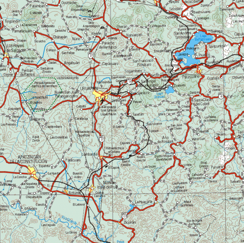 This map shows the major cities (ciudades) of Uruapan, Los Reyes de Salgado, Lombardia, Patzcuaro, Apatzingan de la Constitucion.