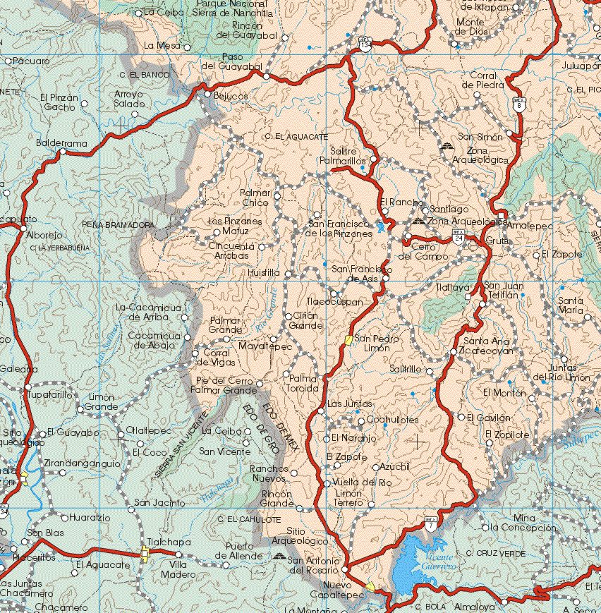 This map shows the major cities (ciudades) of San Pedro Limón.The map also shows the towns (pueblos) of La Ceiba, La Mesa, Paso de Guayabal, Monte de Dios, Rincón de Guayabal, Corral de Piedra, Bejucos, Salitre Palmarillas, San Simón, Palmar Chico, El Rancho, Santiago, Los Pinzones Matuz, San Francisco de los Pinzones, Cerro del Campo, Gruta, El Zapote, Cincuenta arrobas, Huisitla, San Francisco de Asís, Tlataya, San Juan Teliflan, Santa Maria, Tlacocuspan, Palmar Grande, Cirian Grande, Santa Maria, corral de Vigas, Mayaltepec, Santa Ana Zicatecoyan, Corral de Vigas, Pie del Cerro, Palma Torcida, Salitrillo, Juntas del Río Limón, El Monton, Las Juntas, Coagulotes, El Gavilán, El Zopilote, El Naranjo, El Zapote, Azubil, Ranchos Nuevos, Vuelta del Río, Limón Terrero, San Antonio del Rosario, Nuevo Copaltepec.