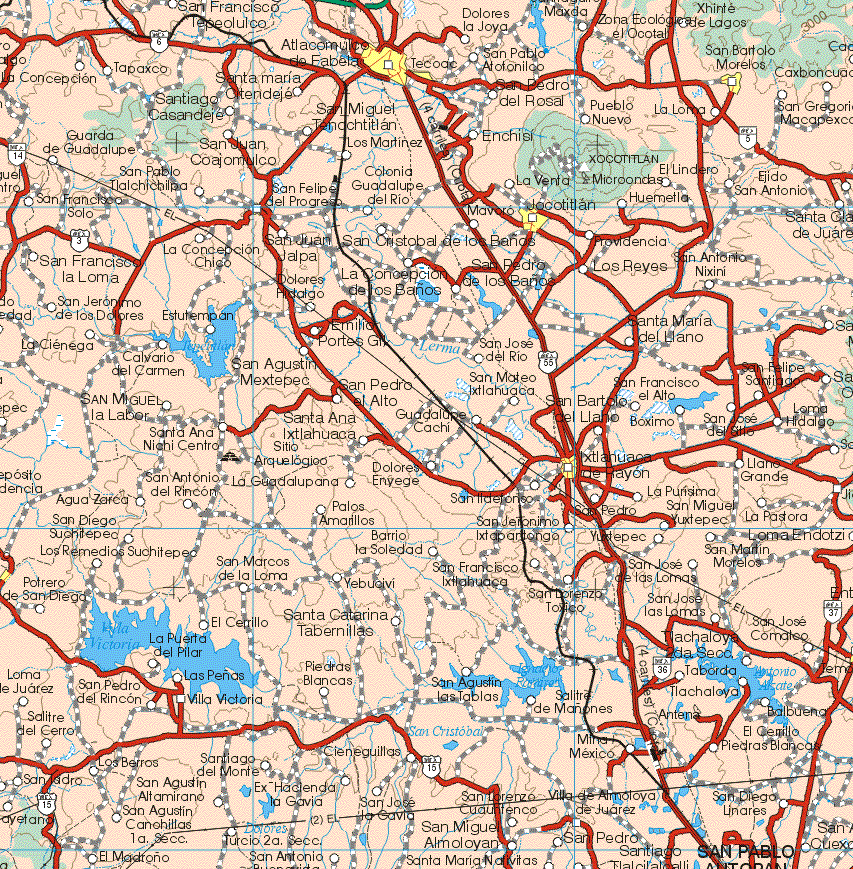 This map shows the major cities (ciudades) of Atlacomulco de Fabela, Tecoac, San Bartolo Morelos, Jocoman, Ixtlayuaca de Rayón.The map also shows the towns (pueblos) of San Francisco Tepeoluco, Dolores la Joya, Maxda, Zona Ecológica el Ocotal, Xhinte de Lagos, San Pablo Atotonilco, Caxboncuac, la Concepción, Tapaxco, Santa Maria Citendeje, San Pedro del Rosal, La Loma, Pueblo Nuevo, San Gregorio Macapexco, Casandeje, San Miguel Tenochtitlan, Enchisi, Los Martínez, Guarda de Guadalupe, San Joan Coajomulco, San pablo Tlachichilpa, San Francisco Solo, San Felipe Progreso, Colonia Guadalupe del Río, La Venta, El Lindero, Ejido San Antonio, Huemello, San Antonio, Mavoro, San Francisco la Loma, La Concepción Chico, San Juan Jalpa, San Cristóbal de los Ranos, Providencia, San Antonio Nixini, Dolores Hidalgo, La Concepción de los Baños, Los Reyes, San Jerónimo de Dolores, Estulempan, Emilio Portes Gil, San José del Río, Santa Maria del Llano, La Ciénega, Calvario del Carmen, San Agustín Mextepec, San pedro el Alto, San Mateo Ixtlahuaca, San Felipe Santiago, San Francisco el Alto, San Miguel la Labor, Santa Ana Niahi Centro, Guadalupe Cachi, Boximo, Agua Zarca, San Antonio del Rincón, La Guadalupana, Dolores Enyege, San Lideforiso, La Purísima, llano Grande, San Diego Sulchiltepec, Palos amarillos, San Jerónimo Ixtaportongo, San Miguel Yuxtepec, la Pastora, Palos Amarillos, Los Remedios Suchiltepec, San Marcos de la Loma, Berrio la Soledad, San Martín Morelos, San Marcos de la Loma, Potrero de San Diego, San Martín Morelos, San José Comalco, El Cerrillo, Santa Catarina Taberillas, La Puerta del Pilar, Piedras Blancas, San Agustín las Tablas, Salitre de Mañonez, Taborda, Tlachaloya, Balbueno, Salitre del Cerro, San Pedro del Rincón, Villa Victoria, Mina México, El Cerrillo Piedras Blancas, Los Berros, Santiago del Monte, Cieneguillas, San Isidro, San Agustín Altamirano, Ex hacienda la Gacia, San José la Gavia, Villa de Almoloya de Juárez, San Diego Linares, San Agustín Canochillas 1ª Sección, El Madroño, Lurcio 2ª Sección, San Miguel Almoloyan, San Pedro, Santiago.