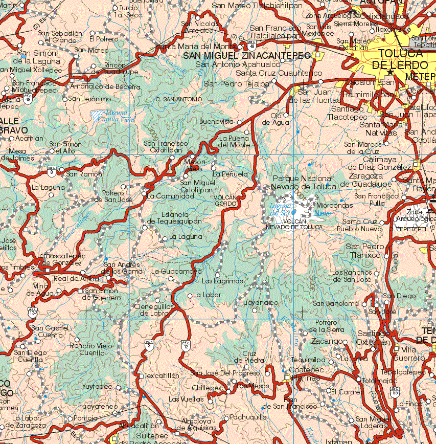 This map shows the major cities (ciudades) of San Francisco Tlalcitalcalpan, San Luis Mextepec, San Miguel Ziancantepec, Toluca de Lerdo, Cacalomacan, San Juan de las Huertas, Tlatelulco, San Juan Tilapa, Santiago Tlacotepec, Calimaya de Diaz Gonzalez, Villa Guerrero, Coatepec de Harinas.The map also shows the towns (pueblos) of Turcio 1ra Seccion, San Nicolas Amealco, San Mateo Tlalchichilpan, San Sebastian el Grande, el Potrero, San Mateo, Sierra Morelos, San Simon de la Laguna, Santa Maria del Monte, San Antonio Acahualco, San Mateo Oxtotitlan, San Miguel Xoltepec, Rincon de Guadalupe, Santa Cruz Cuautenco, San Pedro Tejalpa, San Francisco Mihualtepec, Amanalco de Becerra, San Pedro Tejalpa, San Jeronimo, Buenavista, Ojo de Agua, Santa Maria Nativas, Acatitlan, San Simon el Alto, San Francisco Oxtaltipan, La Puerta del Monte, San Marcos de la Cruz, Meson Viejo, San Ramon, La Peñuela, La Laguna, San Miguel Oxtoltilpan, Zaragoza de Guadalupe, La Laguna, Potrero de San Jose, La Comunidad, San Francisco Putla, Estancia de Tequexquipan, Santa Cruz Pueblo Nuevo, La Laguna, San Pedro Tlanixco, Temascaltepec de Gonzalez, Tlanixco, Los Timbres, San Andres de los Gama, La Guacamaya, Las Lagrimas, Tlanixco, Real de Arriba, Mina de Agua, San Simon de Guerrero, Cieneguillas de Labra, Los Ranchos de San Jose, La Labor, San Diego, Huyanalco, San Bartolome, San Jose, San Gabriel Cuentla, Potrero de la Sierra, Zacango, Santiago Oxtotitlan, Rancho Viejo Cuentla, San Diego Cuentla, Cruz de Piedra, Tequimilpa, La Lona, Texcaltitlan, San Jose del Progreso, Tepalcatepec, Yultepec, Chiltepec, El Carmen, Huayatengo, La Labor de Zaragoza, Pantoja, Las Vueltas, Plan de San Francisco, Las Finas, San Miguel de Laderas, Pantoja, Pachuquitla, Aguacatitlan.