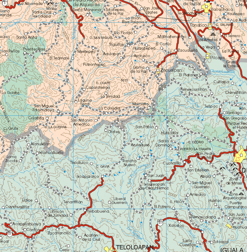 This map shows the major cities (ciudades) of Tonatico, Zacualpan.The map also shows the towns (pueblos) of La Alborrada, Santa Cruz Texcalapa, Sexta Manzana, Totoltepec de la Paz, San José Tizates, Tecomatepec, Yautepec, Tlacachaca, La Unión Rivapalacio, Santa Anita, Las Peñas, Puentecillas, Río Florido, Malinaltenango, Los Amates, El Terrero, La Vega, La Puerta, Triguillos, Huitzoltepec, El Corrijo, Zacualpilla, El Teamate, Mextepec, Aquiapan, Ayotusco, Polzontepec,Gama de la Paz, La Goleta, Capulatengo, la Trinidad, San Miguel Totolmstoya, Cojatitla, San Antonio Amealco, Laguna Seca, La trinidad, La Cofradía, Mamatla.