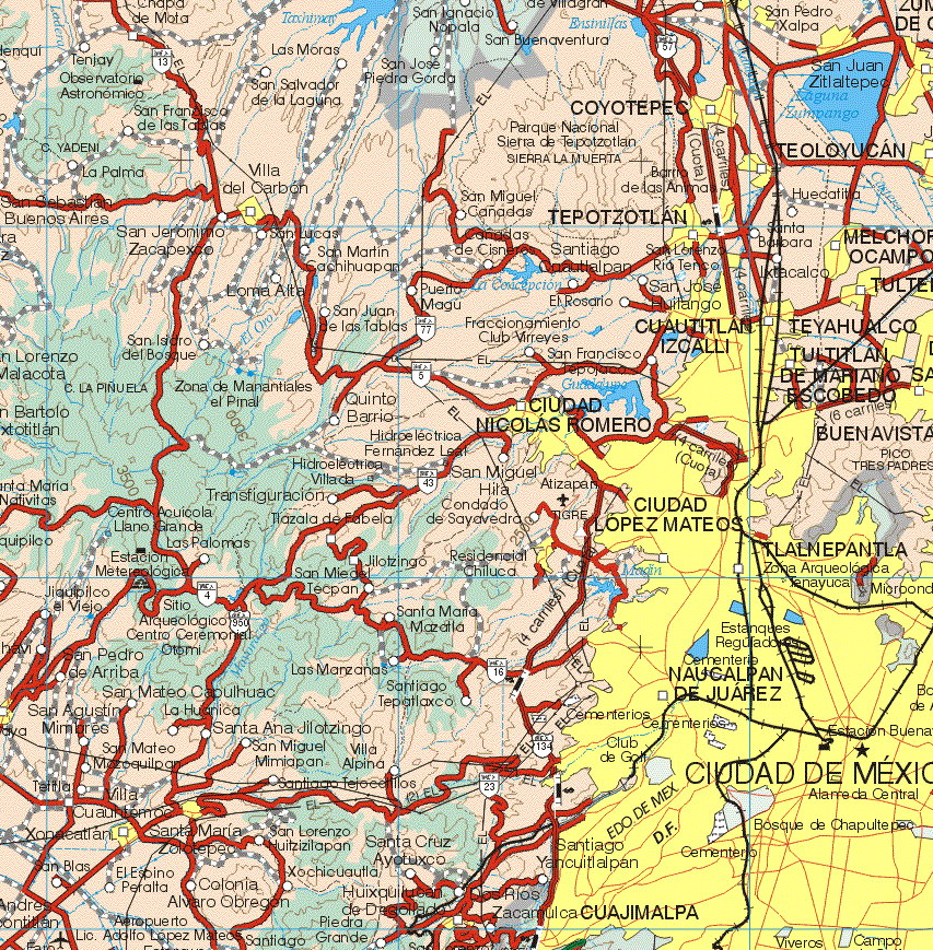This map shows the major cities (ciudades) of Coyotepex, San Pedro Xalpa, San Juan Zitlaltepec, Teoloyucan, Villa del Carbón, Tepotzotlan, San Lorenzo Río Telenco, Melchor Ocampo, Ixtacalco, Teyahualco, Tultitlan de Mariano Escobedo, Xonueatlan.The map also shows the towns (pueblos) of Chapa de Mota, Tenjay, San Francisco de las Tasas, Las Moras, San Salvador de la Laguna, La Palma, San Miguel de Cañadas, Huecatita, San jerónimo Zacapexco, San Sebastián Buenos Aires, San Lucas, San Martín, San Martín Cachihuapan, Santiago Cuatlalpan, Loma Alta, Puerta Magu, El Rosario, San Isidro del Bosque, San Juan de las Tablas, fraccionamiento Club Virreyes, San Francisco Tepojaco, Quinto Barrio, San Miguel, Condado de Sayabedra, Centro Acuícola Llano Grande, Transtiguracion, Tlazala de Fabela, las Palomas, Jiquipilco el Viejo, Jilotzingo, Santa Maria Mazatla, Las Manzanas, San Pedro de arriba, San Miguel Tecpan, San Mateo Capulhuac, Santiago Tepoxtlaco, San Agustín Miramares, Santa Ana, Villa Alpina, Villa Cuauhtemoc, San Mateo Mazoquilpan, San Miguel Mimiapan, Villa Alpina, Santa Maria Zolotepec, san Lorenzo Huitzilapan, Santa Cruz Ayolusco, San Blas, El Espino Peralta, Colonia Alvaro Obregón, Xochicuautla, Ayotuxco, Colonia Alvaro Obregón, El Espino Peralta, Piedra Grande.