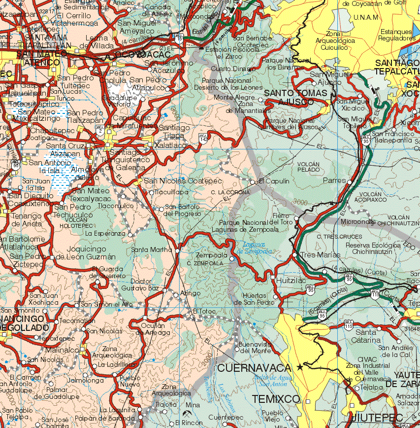 This map shows the major cities (ciudades) of El Cerrillo Vistahermosa, Totoltepec, Santana Tlapaltitlan, Lerma de Villada, San Mateo Atenco, Ocoyoacac, San Pedro Tultepec, San Lucas Tunco, San Mateo Mexcatzingo, San Pedro Tlaltizapan, Capulhuac de Mirafuentes, Santiago Tilapa, Chapultepec, Santiago Tianguistenco, Xalatlaco, San Antonio la Isla, Tenango de Arista, Tenancingo Degollado, Malinalco.The map also shows the towns (pueblos) of Analco, Cañada de Alvarez, San Miguel Ameyalco, Acazulco, Acazul, Atlapulco, Guadalupe Victoria, Coatipa, Santa Cruz Atizapan, San Juan la Isla, San Dieguito, San Mateo Texcalyacac, Tlacuitlapa, San pedro Techuchulco, San Bartolo del Progreso, La Esperanza, San pedro, Joquincingo de León Guzmán, Santa Martha, San pedro Zictepec, El Guarda de Guerrero, Doctor Gustavo Baz, Azingo, San Juan Xochiaca, San Simón el Alto, San Simonito, El Totos, Tecomatlan, San Nicolás, Ocutlan de Areaga, Temoxtepec, San Nicolás, la Ladrillera, El carmen, Palmar de Guadalupe, Pueblo Nuevo, San pablo Tejalpa, La Lagunita, Palpan de Baranda.