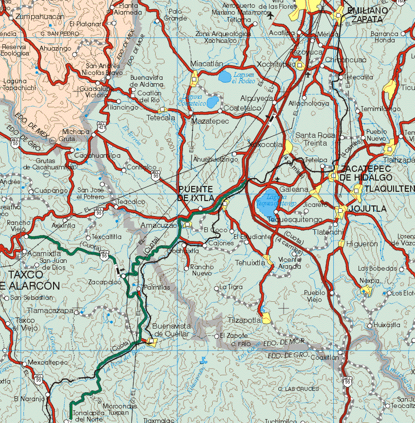 The map also shows the towns (pueblos) of Zumpahuacan, Planta Alameda, El Platanar, Ahuazingo, San Andrés Nicolás Bravo, Guadalupe Victoria, Laguna Tapachichi.