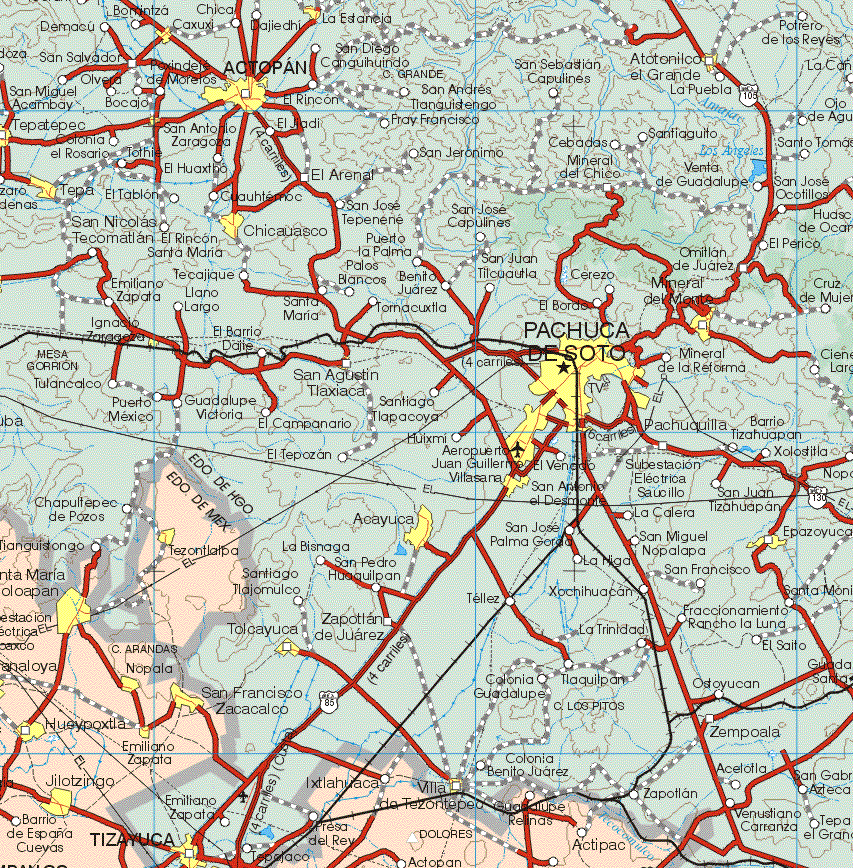 This map shows the major cities (ciudades) of Santa Maria Ajoloapan, Tezotlalpa, Nopala, San Francisco Zacacalco, Hueypoxtla, Emiliano Zapata, Jilotzingo.The map also shows the towns (pueblos) of Barrio de España Cuevas, Ixtlahuaca, Presa del Rey, Actoapan, Actipac.