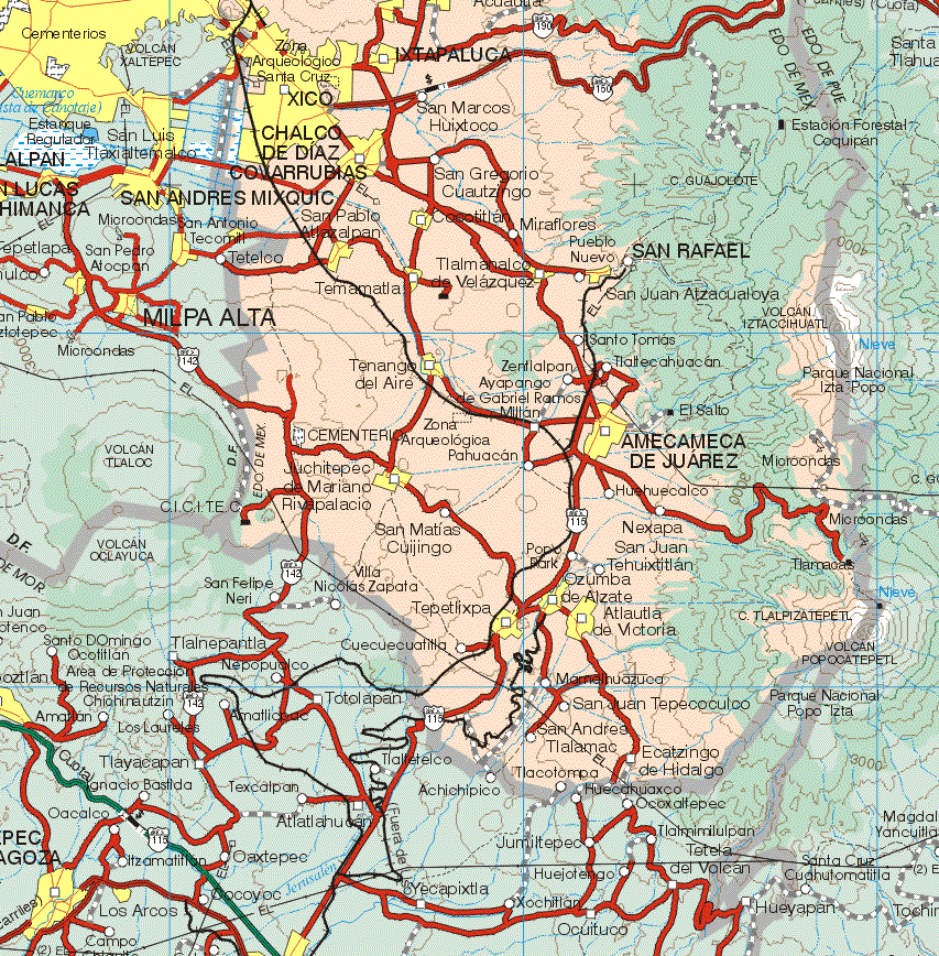 This map shows the major cities (ciudades) of Xico, Chalco de Díaz Covarrubias, Ixtapaluca, San Pablo Atlazalpan, Cocotitlan, Temamatla, Tlamanalco Velásquez, San Juan Alzacualoya, Tenange del Aire, Amecameca de Juárez, Juchitepec de Mariano Rivapalacio, Zumba de Alzate, Tepetlixta, Atlauta de Victoria.The map also shows the towns (pueblos) of San Marco Huixtoco, San Gregorio Cuatzingo, Miraflores, Pueblo Nuevo, Santo Tomas, Zentlalpan, Ayapango de Gabriel Ranchos Millán, Tlallecahuacan, El Salto, Pahuacan, Huhuecalco, Nexapa, San Matias Cujingo, Tehuixtitlan, Ozumba, Cucuetlilla, San Juan Tepecoculco, San Andrés Tlalamac, Ecatzingo de Hidalgo, Tlacotompa.