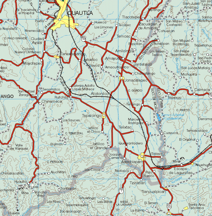 This map shows the major cities (ciudades) of Cuautla, Jonacatepec, Telpalcingo, Axochiapan.