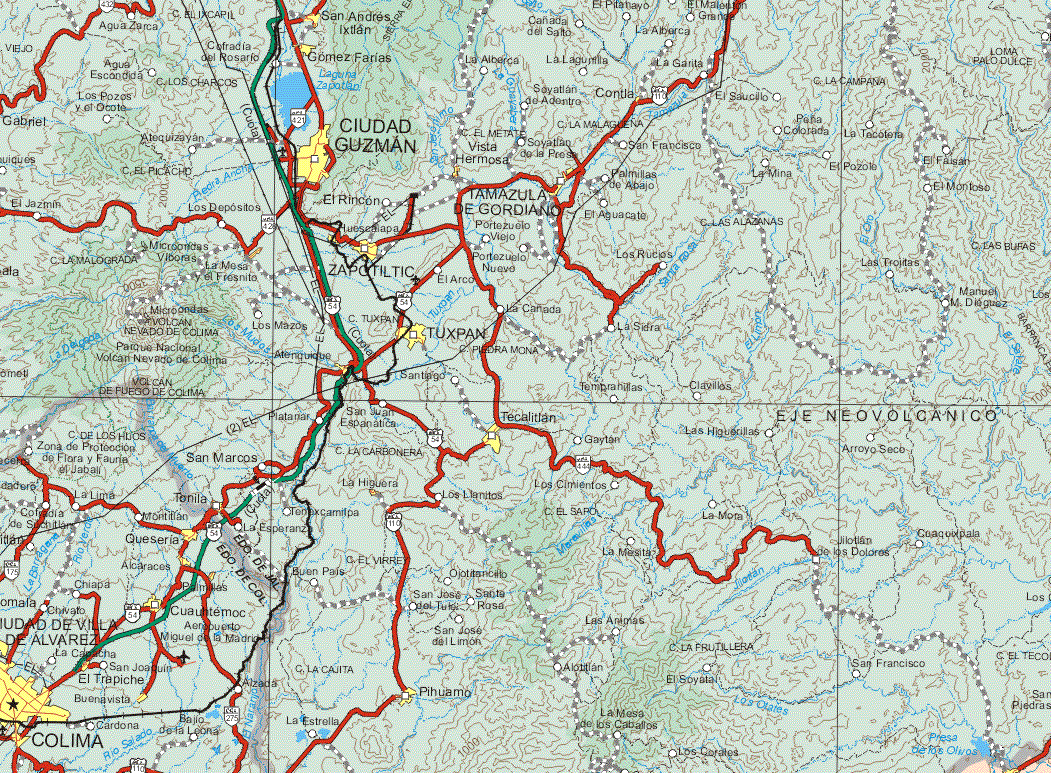 This map shows the major cities (ciudades) of San Andres Ixtlan, Ciudad Guzman, Tamazula de Gordiano, Zapotiltic, Tuxpan, Tecalitlan.