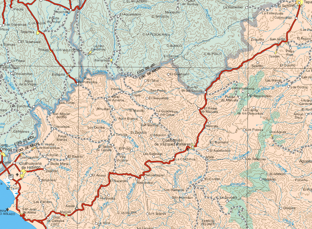 This map shows the major cities (ciudades) of Tepalcatepec, San Isidro, Taixtapan, Dos Aguas, Coaccoman de Vázquez Pallares, Veinte de Noviembre, Coahuaya de Hidalgo, San Juan de Arriba, Maguili.The map also shows the towns (pueblos) of El Sandillal, La Estanzuela, Comotitlan, Zoquitita, El Bejuco, plaza Vieja, El Colonzo, Salatito, Las Mesas, Los Cuchis, El Quemado, El Sauz, Paso de Potrerillos, Puerto de las Cruces, La Yerbabuena, Pantla, San Pedro, El Resumidero, Puerto de Maruata, Trojes, El Guayabito, Paso de Arrieros, Las Tunas, Huhuitlan, El Maicito, La Guadalupe de Cobre, El Salitre de Maruata, La Capilla de los Desmontes, Arroyo Seco, San Miguel del Río, Agua Blanca, San Marcos, Maruata, Los Pobres, Chacalap, Los Ocotes, La Tortuga, El Zapotito, El Mirador, Palos Marías, El Salitre de Cópala, La Tortuga, EL Mirador, El Tejamal, El Salitre de Cópala, El Pozo, Las Cebollas, La Chihuahua, El Agostadero, Achotan, El Saucito, Villa Victoria, Las Tabernas, Ixtala, Santa Meria, Zapotan, El Anono, Tehuantepec, El Crustel, Varaloso, Poruecho, Ahijadero, Las Patotas, Cruz de Campos, Aquilla, El Naranjillo, Rascaviejo, Los Herretos, San Acamitan, Huitzanilla, La Mina, Los Telares, Los Telares, La Saucera, El Crustel, Chapula, Portucho.