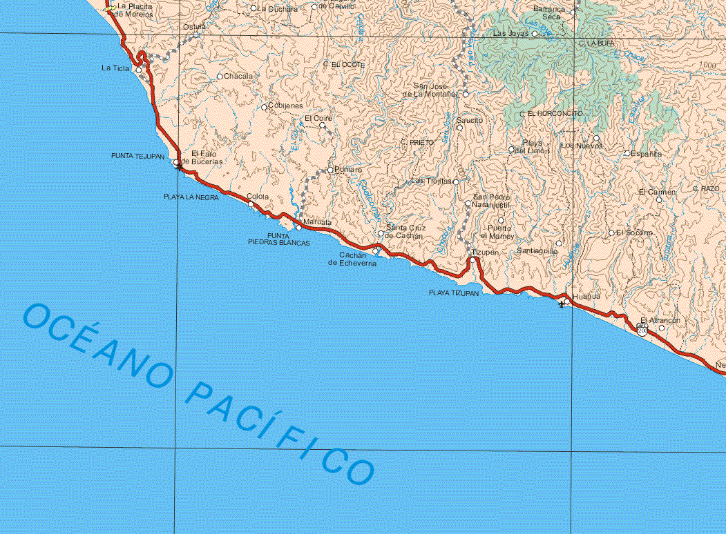 This map shows the major cities (ciudades) of La Placita de Morelos.The map also shows the towns (pueblos) of Ostuita, La Cucharada, De Calvillo, Batranca Seca, Las Joyas, La Ticla, Chacala, San José de la Montaña, Cobijines, El Coire, Sarucito, Playa del Limón, Los Nuevos, Espanta, El Falso de Bucerias, Pomaro, las Trojitas, El Carmen, Colola, Maruata, Santa Cruz del Carmen, San Pedro Natanestil, Tizupan, Santiaguillas, El Socorro, Huahua, El Atrancon.