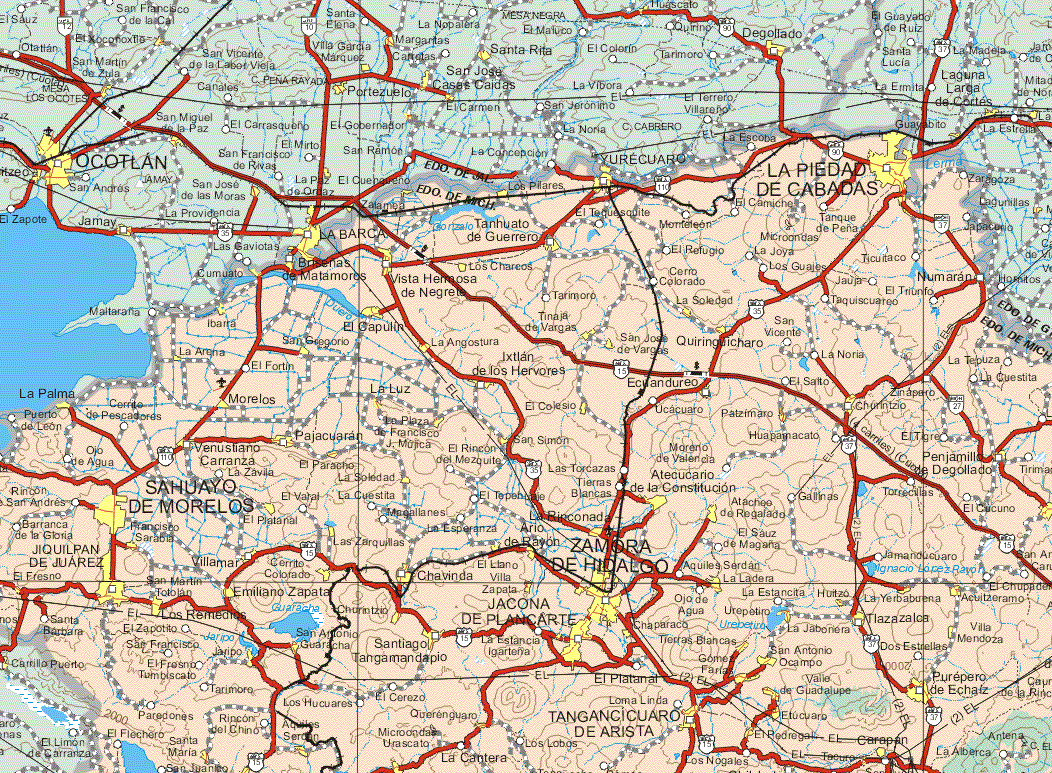 This map shows the major cities (ciudades) of Los Pilares, Tahuato de Guerrero, La Piedad de Cabadas, Yurecuaro, Tahuanto de Guerrero, Vista Hermosa de Negrete, Los Charcos, La Soledad, El Capulín, Ibarra, Tinaja de Vargas, San José de Vargas, Quiringuicharo, San Gregorio, La Angostura, La Arena, Ixtlan de los Hervores, Morelos, La Luz, El Coliseo, Patzimaro, Churintzio, La Plaza de Francisco J. Mújica, San Simón, La Palma, Venustiano Carranza, El Paracho, San Simón, La Soledad, Penjamillo Degollado, El Fresno, Jiquilpan de Juárez, Azuayo de Morelos, El Platanar, Francisco Sarabia, San Martín Tolojan, Villamar, Las zarquillas, Cerrito Colorado, Jaripo, Santa María, Emiliano Zapata, Chonotzio, San Antonio Guaracha, Santiago Tangamandapio, Aquiles Serdan, El Llano Villa Zapata, Jacona de Plancarte, Atecuario de la Constitución, Atacho de Regalado, La Rinconada, Arios de Rayón, La Ladera, Jacona de Plancarte, Huitzo, La Hierbabuena, Acuitzaramo, Urepetiro, Tlazalaca, Santiago Tamandapio, Tierras Blancas, San Antonio Ocampo, Tlazazalca, Villa Mendoza, Gómez Farias, Puretepec de Echaiz, Guadalupe Victoria, Tangancicuaro de Arista, Etucuaro, Valle de Guadalupe, El Pedregal, El Carapan.The map also shows the towns (pueblos) of El Tequesquite, Monteleon, El Refugio, El Camiche, La Joya, Tanque de Peña, Zaragoza, Japacario, Tarimoro, Cerro Colorado, Los Guajes, Ticuitaco, Numaran, La Jaula, El Triunfo, Taquiscuateo, San Vicente, La Noria, La Tepuza, La Cuestita, El Fortín, Zinaspero, Ecuandureo, El Salto, Zinapero, Ucacuaro, El Tigre, Cerro de Pescaderos, Puerto de León, Ojo de Agua, Las Torcazas, Moreno de Valencia, Atencuario de la Constitución, La Zavila, El Rincón del Mezquite, Rincón San Andrés, Barranca de la Gloria, Santa Bárbara, El Zapotito, San Francisco, El Fresno Tumbuscato, Paredones, El Flechero, Santa Juanico, Rincón del Chino, Tarimoro, El varal, Las Hucuares, La Cantera, El Cerezo, Los Lobos, La Estancia Igarteña, Tierras Blancas, Gallinas, Torrecillas, El Circuno, Megallanes, El Sauz de Magaña, Jamanoucuaro, Aquiles Serdan, El Chupadero, La Estancia, El Platanar, Dos Estrellas, La Cantera, Galeana.