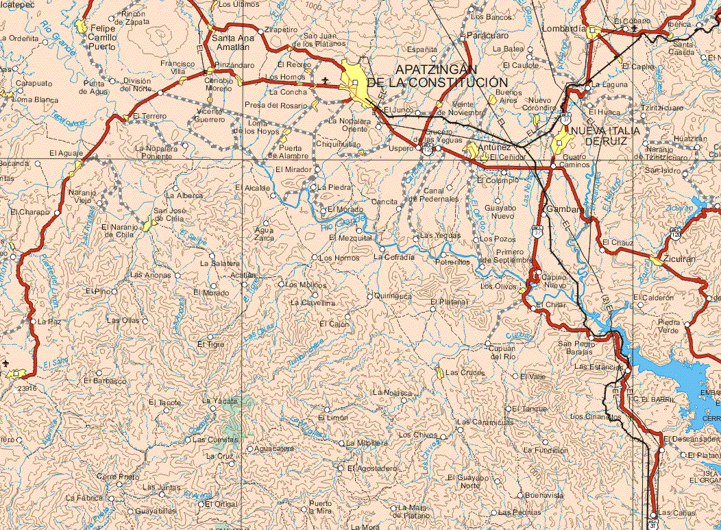 This map shows the major cities (ciudades) of Felipe Carrillo Puerto, Santa Ana Amatlan, San Juan de Platanos, Lombardia, Santa Casilda, El Capre, Francisco Villa, Pinzandaro, El Recreo, Los Hornos, Apatzingan de la Constitución, El Aguacate, Veinte de Noviembre, Buenos Aires, Nuevo Corondiro, Atunes, El Señidor, Zicuiran, Cenobio Moreno, La Concha, Vicente Guerrero, Presa del Rosario, El Terrero, Vicente Guerrero, Loma de los Hoyos, Puerta de Alambre, Chiquitillo, El Naranjo de Chila, San José de Chila, Los Olivos, Las Cruces.The map also shows the towns (pueblos) of La Ordeñita, Rincón de Zapata, Zirapetiro, Espanta, Los Bancos, Paracuaro, La Balea, El Cobaño, Iberica, El Caulote, La Laguna, Carapuato, Punta de Agua, división del Norte, El Charapo, El Junco, Crucero de las Yeguas, El Huaca, Tzirinzicuaro, Huatziran, Naranjo de Tzitizicuaro, San isidro, Cuatro Caminos, El Chauz, Gambara, Capirio Nuevo, el Chilar, El Calderón, piedra Verde, El Descansadero, El Platao, Las Cañas, La Nopalera Oriente, La Nopalera Poniente, Uspero, El Mirador, El Contimplo, Naranjo Viejo, La Alberca, El Alcalde, La Piedra, Cancita, Canal de Pedernales, El Cokimplo, Naranjo Viejo, La Alberca, El Alcalde, La Piedra, Cancita, Canal de Pedernales, Guayabo Nuevo, Agua Zarca, El Morado, El Mezquital, Las Yeguas, , Los Pozos, La Salatera, Los Hornitos, La Cofradía, Potrerillos, Primero de Septiembre, Las Anonas, Acatlan, Los Molinos, Quiringuca, El Platanal, El Pino, El Morado, Los Molinos, Las Ollas, El Cajon, El Tigre, Cupuan del Río, San Pedro Barajas, El Barbasco, El Valle, Las Estancias, El Tacote, La Yacata, La Nolasca, El Limón, El Tanque, Los Chivos, Las Cuevitas, Aguacatera, La Milpillera, Los Chinos, Las Fundición, La Cruz, Cerro prieto, La Fabrica, Guayabitas, Las Juntas, El Ortigal, Puerto la Mira, La Mata de Platano, El Guayabo Norte, Buenavista, Las Peonitas.