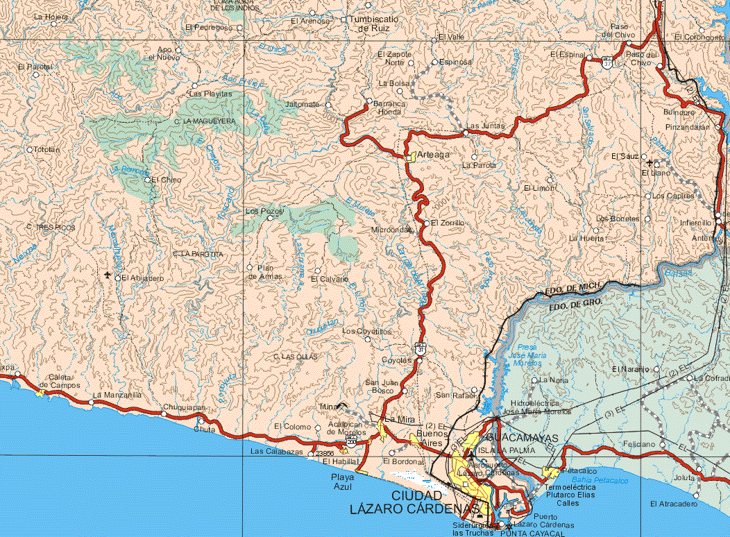This map shows the major cities (ciudades) of Arteaga, Caleta de Campos, La Mira, El Habillal, Buenos Aires, Guacamayas, Playa Azul, Ciudad Lázaro Cárdenas.The map also shows the towns (pueblos) of La Hojeta, El Pedregoso, El Arenoso, Tumbiscatio de Ruiz, El Valle, Paso del Chivo, El Corongotito, El Parotal, Año Nuevo, El Zapote del Norte, Espinosa, El Espinal, Paso del Chivo, Las Playitas, La Bolsa, Jaltomate, Barranca Honda, las Juntas, Buindoro, Pinzandaran, Totolan, La Parrota, El Sauz, El Chino, El Limón, El Llano, Los Capires, Los Potosí, El Zorrillo, Los Borretes, Infiernillo, La Huerta, El Ahijadero, Plan de Armas, El Calvario, Los Coyotillos, Coyotes, San Juan Bosco, San Rafael, La Manzanilla, Chuqiapan, El Colomo, Las Calabazas, El Bordonal.