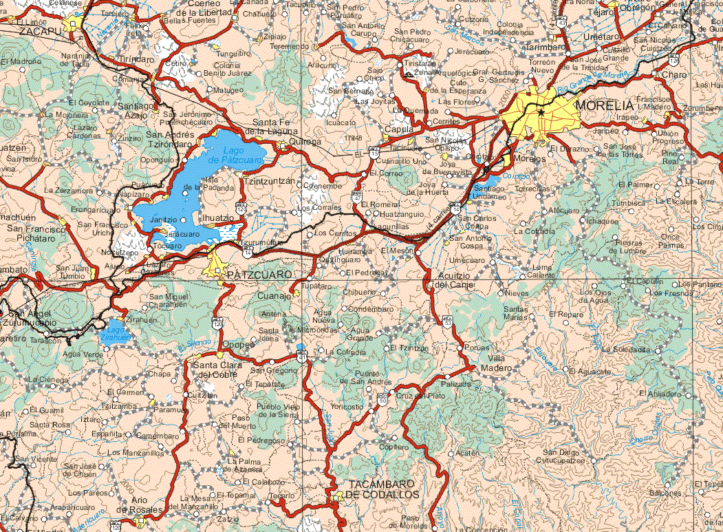 This map shows the major cities (ciudades) of Zacapu, El Limón, Morelia, Celanese, Tarejero, Coheneo de la Libertad, La Canada, Obregón, Zipiajo, Colonia Independencia, Bellas Fuentes, Chahuelo, Tremendo, Tungultiro, Cotiro, Titindaro, Naranja de Tabla, Tarimbaro, Comanjas, Cuto de las Esperanzas, Francisco I. Madero, Zurumbere, Irapeo, Santiago Azajo, San Jerónimo Petenchecuaro, Santa Fe de la Laguna, Capula, Lázaro Cárdenas, San Andrés Tzirondaro, Quirraga, San Nicolás Obispo, Joya de Buenavista, Morelos, San Isidro, Tzimtzuntzan, Puacuapo, Napizaro, Santiago Undameo, Erongaricuaro, Ihuatzio, San Carlos Coapala, San Francisco Pichiataro, San Francisco Uriche, Jaracuaro, Tzurumutate, San Antonio Coapa, San Juan Tumbio, Nocutzepo, San Juan Tumbio, Patzcuaro, Ajuso, Lázaro Cárdenas, Huiramba, Cuanajo, Zirahuen, Opopeo, Santa Clara del Cobre, Paramuen, La Palma de Atlanisa, Ario de Rosales, Tacambaro de Codallos.The map also shows the towns (pueblos) of El Mandroño, Felix Treta, Tacupillo, Chahuelo, Aracurio, San Pedro Puriuatiro, San Antonio Carupo, Colonia Benito Juárez, Aracurio, Sajo Chico, Tiristiran, Jerecuaro, Cutzocio, Colonia Independencia, Gral. Gertrudis G. Sánchez, Torreon Nuevo, san José de la Trinidad, Cuitzillo Grande, San Nicolás Cuiritzeo, El Calvario, Matugeo, San Bernabé, Las Flores, Charo, Matugeo, Las Joyitas, El Coyote, Icuacato, Cerritos, Jaripeo, Unión Progreso, Ziziro, Cuanajillo Uno, El Durazno, San José de las Torres, Piña Real, Opongulo, El Correo, El Palmar, La Torre, La Zarzamora, Isla de la Pancada, Coenembe, Joya de la Huerta, Torrecitas, Los Corrales, El Romeral, Huatzangui, Atecuaro, Tumbisca, La Escalera, Once Palmas, Piedras de Lumbre, La Cofradía, Tocuaro, El Mesón, El Pedregal, Otzinguaro, Umecuaro, Loma Caliente, El Capulin, Los Pantanos, Los fresnos, Los Ojos de Agua, Nieves, Acuitzio del Canje, El Pedregal, Tupataro, San Miguel Charamuen, Chihuerio, San Angel Zurumucapio, Agua Nueva, Condembaro, Santas Marías, El Reparo, Santa Juana, Agua Grande, Tarascon, Agua Verde, El Tznizon, Portuas, La Soledadita, El Aguacate, Villa Madero, Palizatla, La Cofradía, Chapa, San Gregorio, Puente de San Andrés, El Ahijadero, La Ciénega, El Tepetate, El Carmen, Palizatla, Cruz del Plato, Yoriscotio, Pueblo Viejo de las Sierra, Cuitzlan, El Guamil, Tzitzamba, Paso del Muerto, Iztaro, Santa Rosa, Espanta, Camembaro, Los Manzanillos, San José de Chuen, Los Pareos, Araparicuaro, San Vicente, El Pedregoso, el Calabozo, El Tepamal, Tecarlo, La Mesa del Manzanillo, Zatzio, Copiltero, paso de Morelos, San Diego Cutucupatzee, Balcenes.