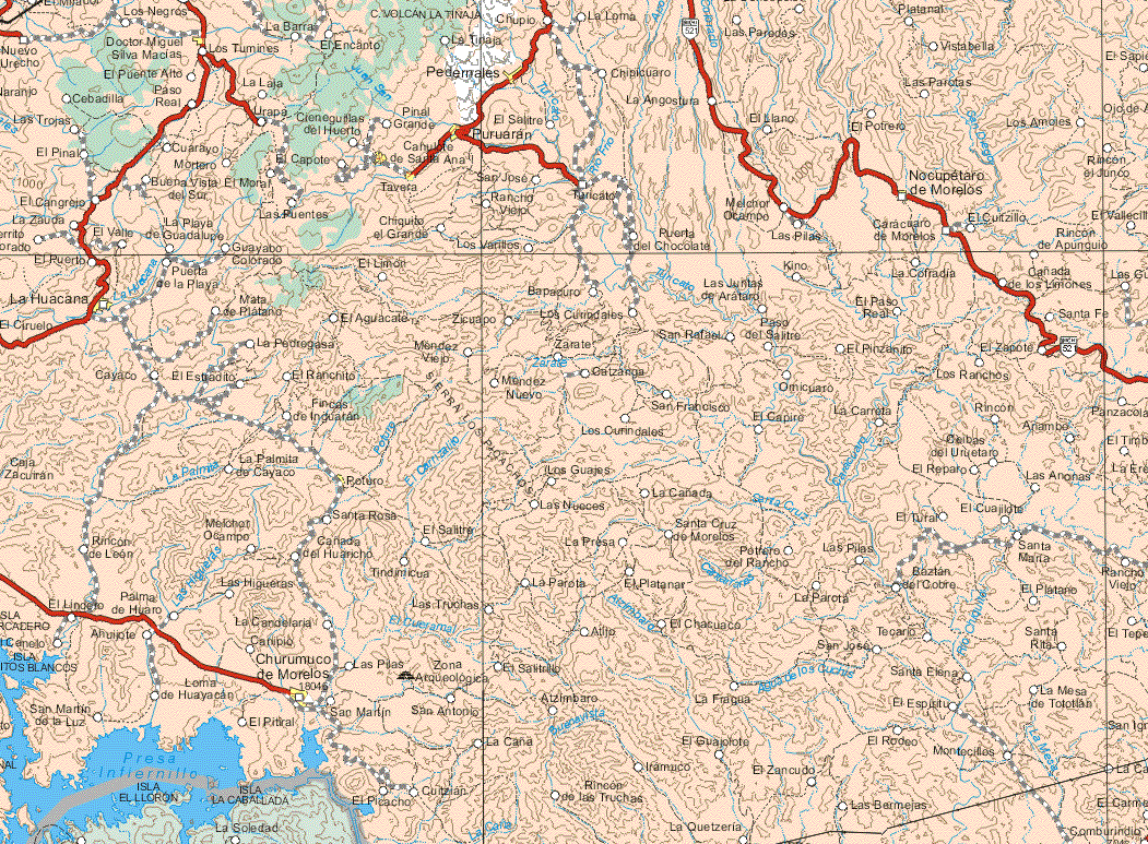 This map shows the major cities (ciudades) of Doctor Miguel Silva Macias, Pedernales, Puruapan, Cahulote de Santa Ana, Nocupetaro de Morelos, Tavesa, La Huacana, Poturo, Churumuco de Morelos, Gurumuco de Morelos.The map also shows the towns (pueblos) of Los Negros, Nuevo Urecho, Los Tumines, La barra, El Encanto, La Tinaja, El Puente Alto, La Loma, Chipicuaro, Las Parodas, Platanar, Vistabella, las Parotas, Cebadilla, Paso Real, La Laja, La Angostura, Las Trojas, Lirapa, Cieneguitas del Huerto, Pinal Grande, El Salitre, El Llano, El Potrero, Los Amoles, Cuarayo, Mortero, El Capote, Rincón el Junco, Buenavista del Sur, El Moral, San José, Rancho Viejo, Taricalo, Melchor Ocampo, Las Pilas, Caracuaro de Morelos, El Cuitzillo, El Vallecito, Rincón de Apunquio, Puerto del Chocolata, Chiquito el Grande, Las Puentes, La Playa de Guadalupe, El Cangrejo, La Zauda, Guayabo Colorado, El Puerto, El Limón, Puerta de la Playa, Kino, La Cofradía, Cañada de los Limones, Mata de Platano, El Aguacate, Zicuapo, Los Curridales, El Paso Real, Santa Fe, La Pedregosa, Méndez Viejo, Zarate, San Rafael, El Pinzanito, El Zapote, Cayaco, El Estradito, El Ranchito, Méndez Nuevo, Catzama, Los Ranchos, Omicuaro, Fincas de Inguantan, San Francisco, El Capiro, La Carreta, Rincón, Arambo, Panzacola, Los Currindales, Ceibas del Uruetaro, La Palmita de Cayaco, La Palmita de Cayaco, Los guajes, El Reparo, Las Anonas, Las Nueces, Santa Rosa, Melchor Ocampo, El Salitre, las Nueces, Santa Cruz de Morelos, El Tural, Las Pilas, El Cuajilota, Rincón de León, Cañada, de Guaricho, La Presa, Las Pilas, Santa Marita, Rancho Viejo, Las Higueras, La Parola, El Platanar, La Parota, Bazlan del Cobre, El Platano, El Lindero, La Candelaria, Las Truchas, Altijo, Ahuijote, Atito, El Chacuaco, Tecario, Santa Rita, Carupio, San José, Las Pilas, EL Salitrillo, Santa Elena, Loma de Guayacán, San Martín de la Luz, El Pitral, San Martín, San Antonio, Atzimbaro, La Fagua, El Espíritu, La Mesa de Tolotlan, La Caña, El Guajolote, El Rodeo, Montecitos, Iramulco, El Piacho, Cuitzian, Rincón de las Truchas, La Quetzeria, El Zancudo, Las Barmejas.