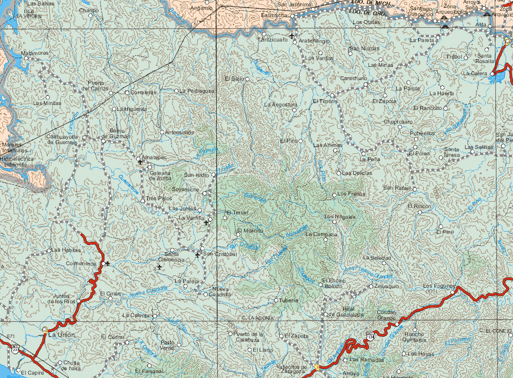 The map also shows the towns (pueblos) of Angamio, Estimucha, San Jerónimo, Santiago Conguripo, Arroyo Seco.