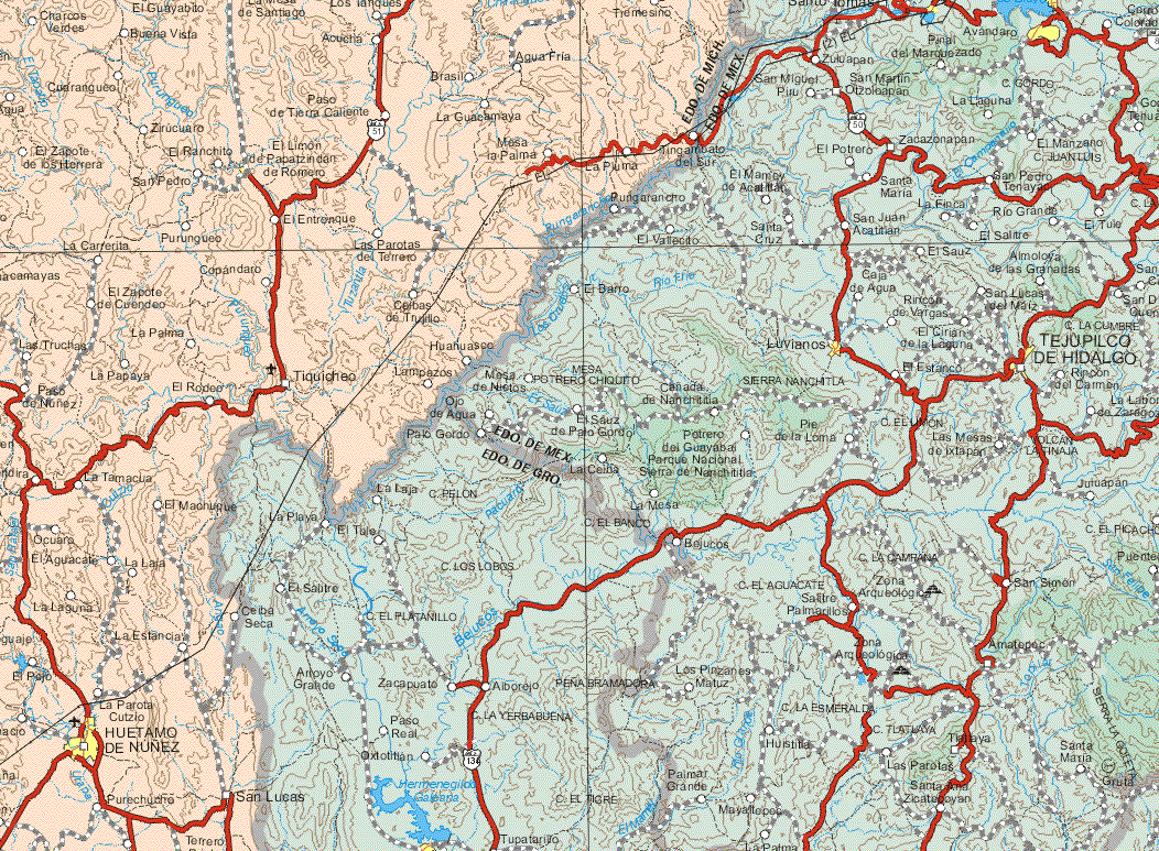 This map shows the major cities (ciudades) of El Limón de Papatzindan, Huetamo de Núñez.The map also shows the towns (pueblos) of Charcos Verdes, El Guayabito, Buena Vista, Acucha, Tremesito, Cuarangueo, Brasil, Agua Fría, Zirucuaro, Paso de Tierra, La Guacamaya, Mesa la Palma, El Zapote de los Herrera, El Ranchito, Mesa de la Palma, La Pluma, El Entrinque, Purungueo, La Carretita, Compandaro, El Entronque, Las Parotas del Terreno, Copandaro, El Zapote de Cuendeo, Cerbas de Trujillo, Las truchas, las Palmas, La Papaya, Tiquicheo, Huahuasco, Lampasos, Paso de Núñez, La Tamacua, El Manchique, Ocuaro, El Aguacate, La Laja, La Laguna, La Estancia, El Paso, Parota Cutzlo.