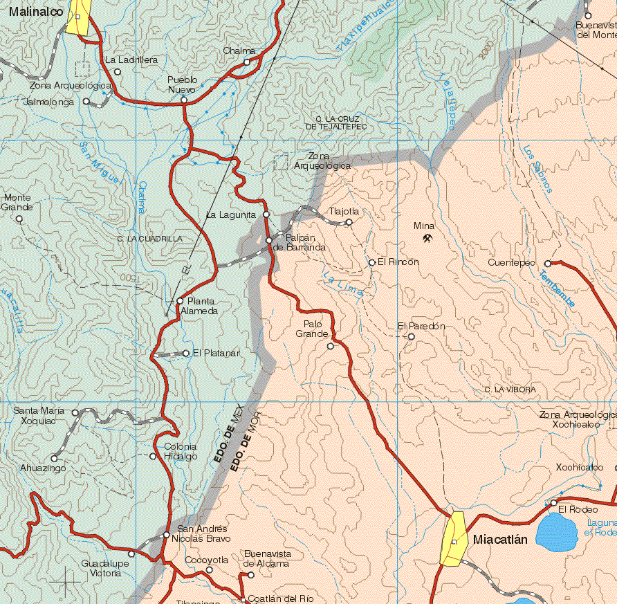 This map shows the major cities (ciudades) of Miacatlan.The map also shows the towns (pueblos) of Buenavista del Monte, Tajotla, Palpan de Barranda, El Rincón, Cuentepec, Palo Grande, El Paredón, El Rodeo, Xochicalco, San Andrés Nicolás Bravo, Cocoyotla, Buenavista de Aldama.